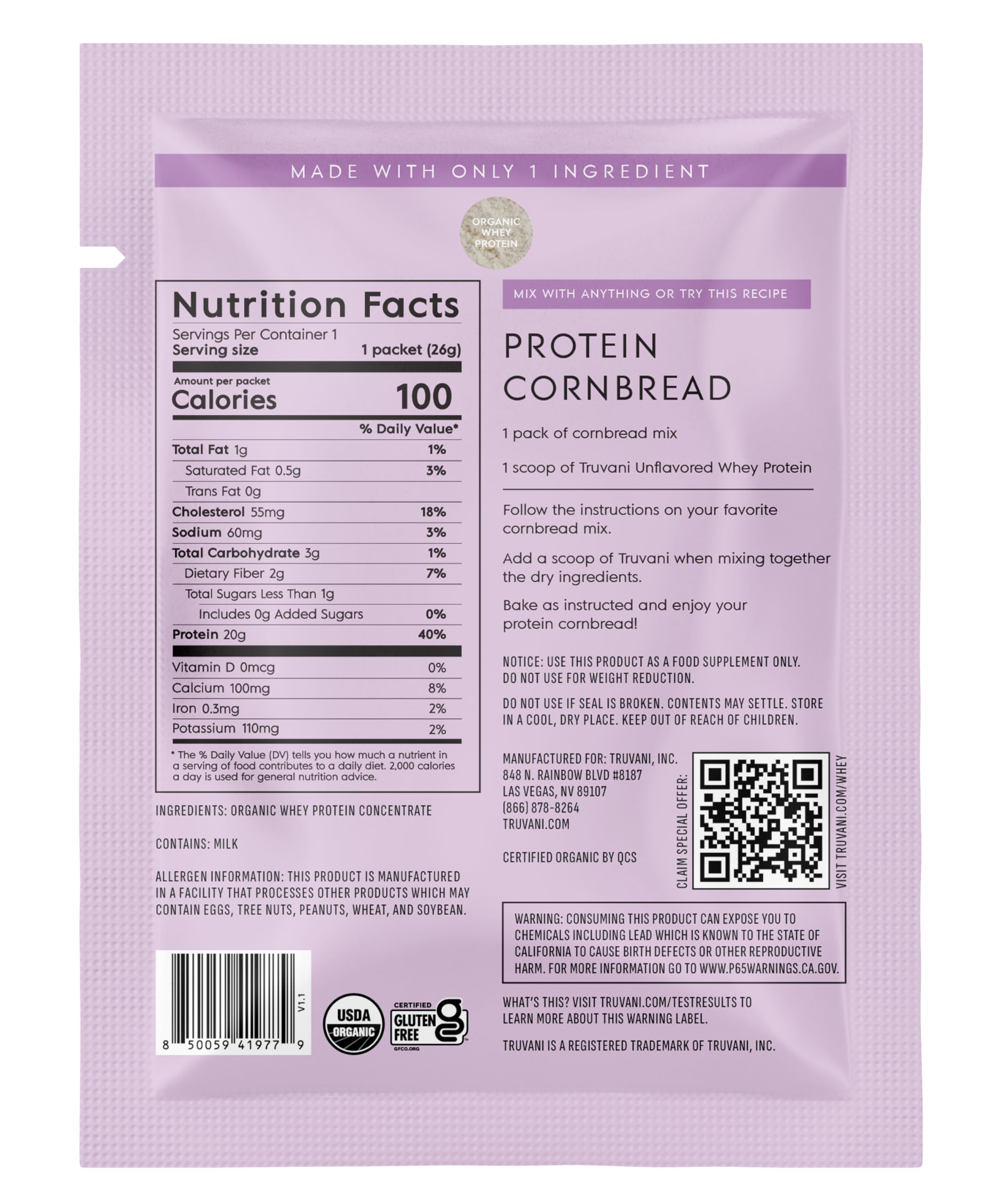Truvani Organic Whey Protein Powder | Vanilla | 1 Serving | 20g Grass Fed Whey Protein | USDA Organic & Non-GMO | Gluten Free | No Gums, No Soy, No Stevia, No Added Sugars