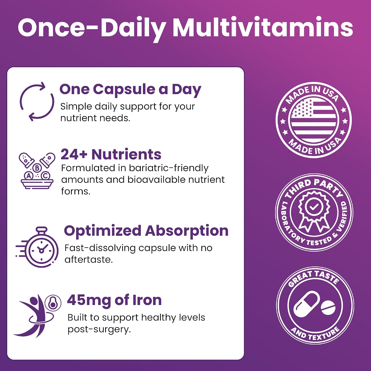 Special-45 Bariatric Multivitamin | Reduced B12 | Capsule | 90ct | Post-Op Bariatric Vitamins for Gastric Bypass, Sleeve, Duodenal Switch & Sustain Recovery (3 Month Supply) - Made in USA