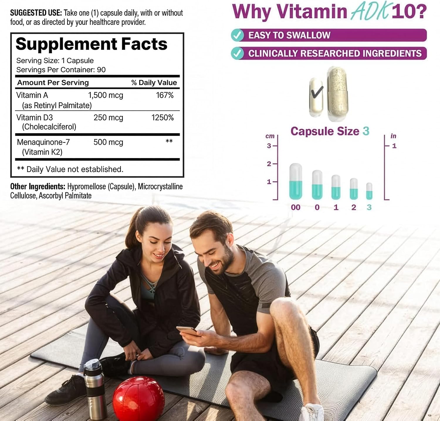 NatureGenX ADK10 – Vitamins A, D3 250 mcg & K2 MK-7 for Bone, Heart & Immune Health – Non-GMO, Gluten-Free, Soy-Free – 90 Capsules (3-Month Supply) | For Bone, Heart & Immune Health - Non-GMO, Gluten-Free, Soy-Free - 90 Capsules (3-Month Supply)