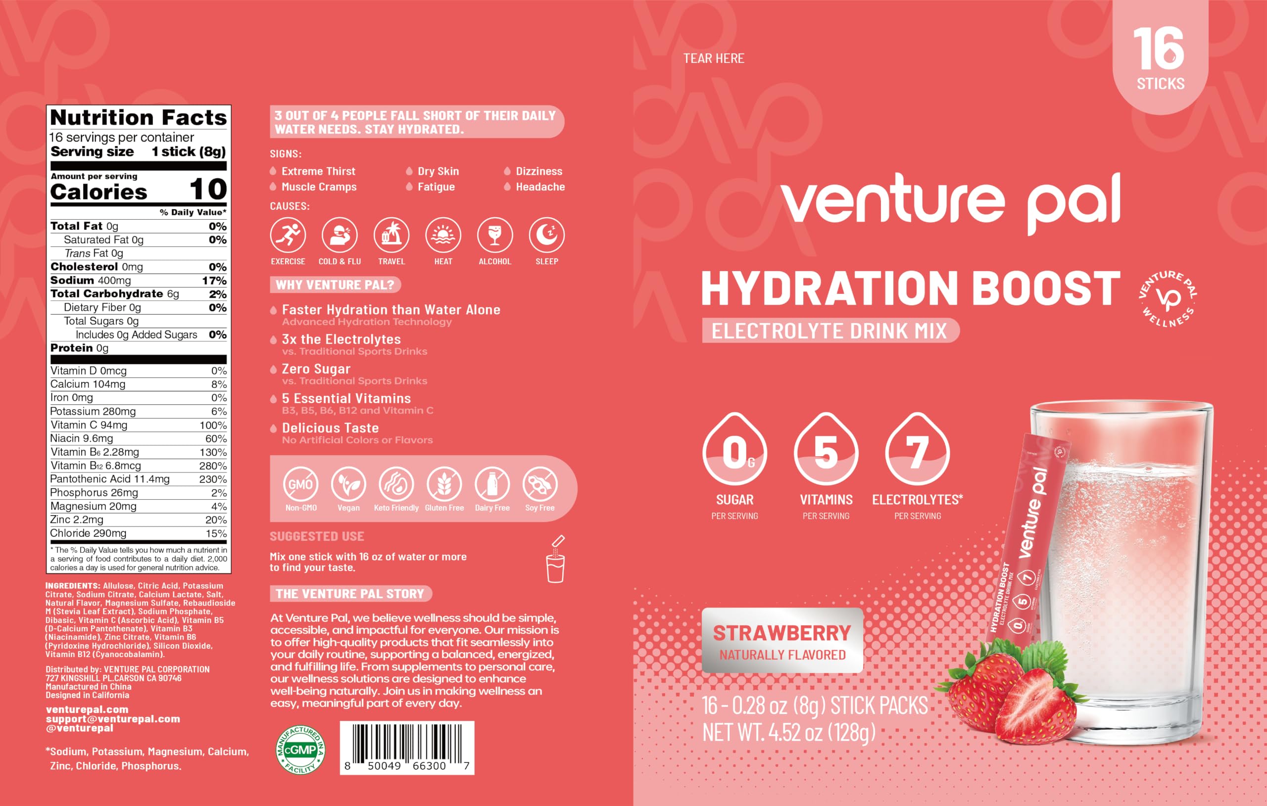 Venture Pal Sugar Free Electrolyte Powder, Liquid Daily IV Hydration Packet | 7 Electrolytes & 5 Vitamins, Electrolytes Dink Mix for Party Recovery & Instantly Hydration, Vegan, Keto-Friendly, 16 Sticks