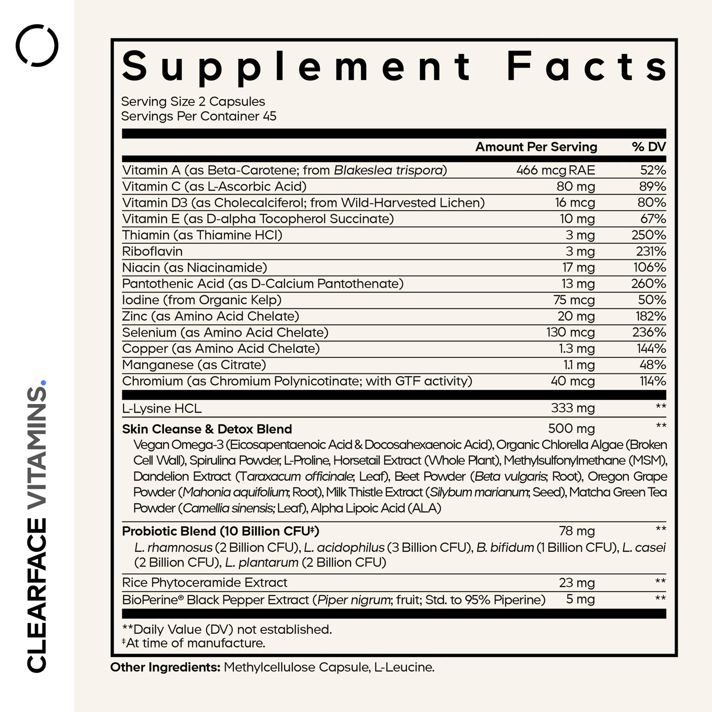 Codeage Clearface Pantothenic Acid, Niacin Supplement, Vitamins A, C, D3, E, Probiotics, Zinc, Riboflavin, Thiamin, L-Lysine HCL & Omega-3, Niacinamide, Skin Botanical Blend - Non-GMO - 90 Capsules CodeageBuy Supplements Australia