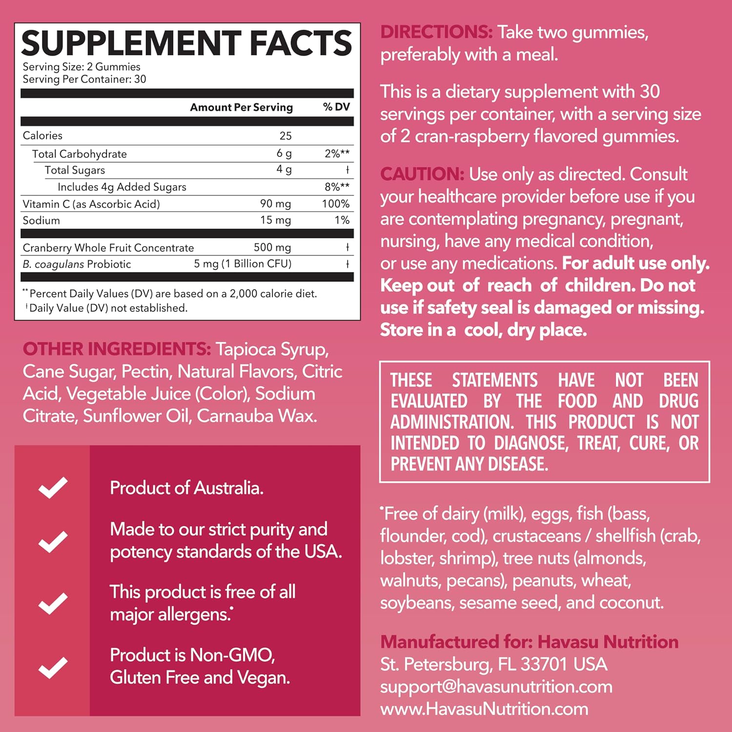 Cranberry Probiotic Gummies, Cran-Raspberry, 60ct, Bladder Support | Probiotic Cranberry Gummies for Women, Urinary Tract Health & pH Balance, 1 Billion CFU of Lactobacillus, Vaginal Wellness
