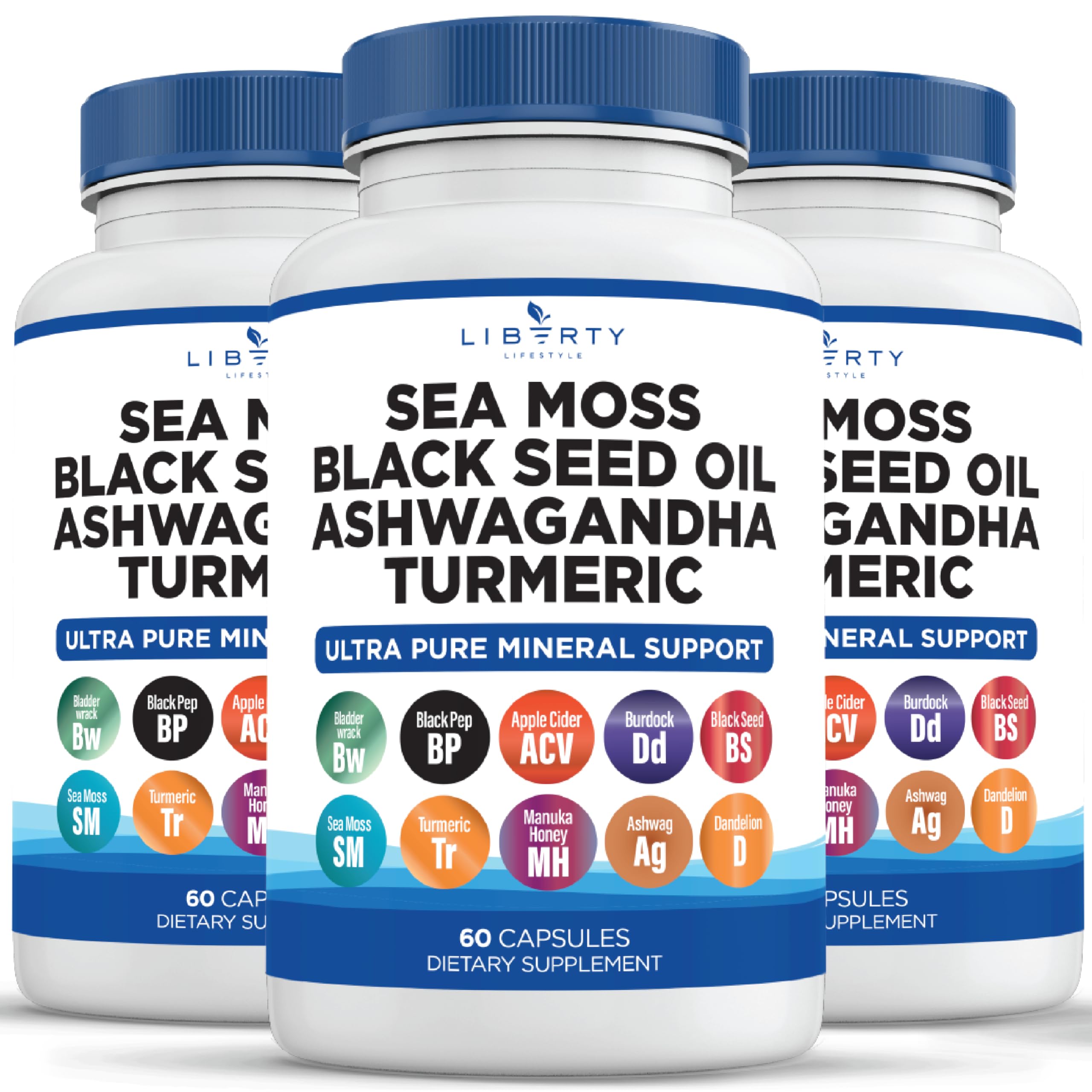 Liberty Lifestyle Sea Moss Black Seed Oil Ashwagandha Turmeric Bladderwrack Burdock - with Manuka, Honey Dandelion, ACV Black Pepper Gluten Free - 2-Pack