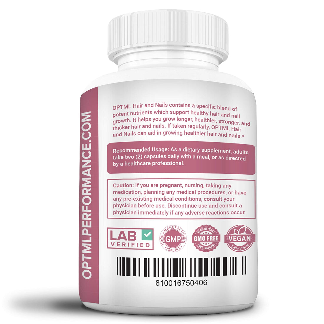 Supplement bottle for hair and nails with OPTML branding on a white background