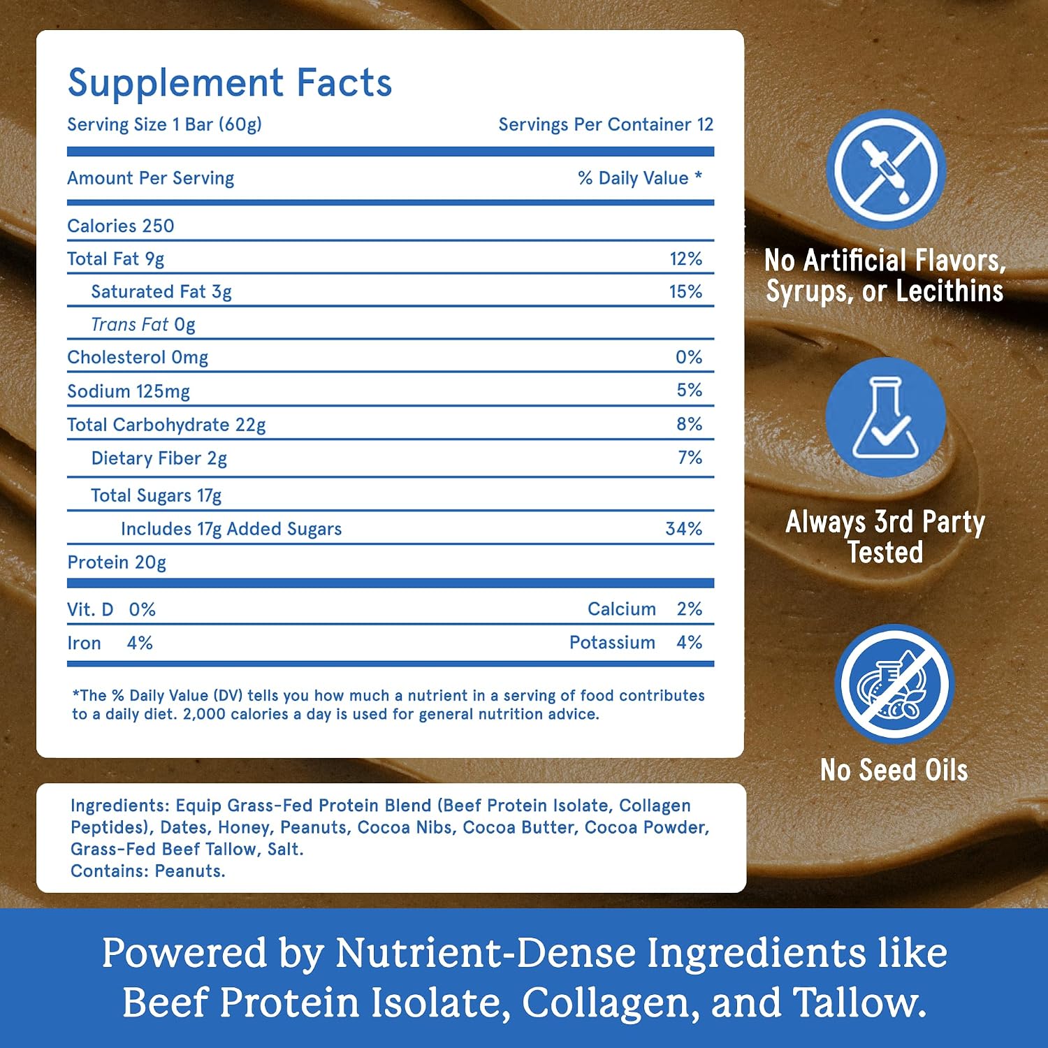 Equip Foods High Protein Prime Bars – Grass Fed Beef Protein, Collagen & Tallow – Gut Friendly, Gluten Free 20g Protein Bars - Only Real-Food Ingredients - Peanut Butter Chocolate, 12 Count