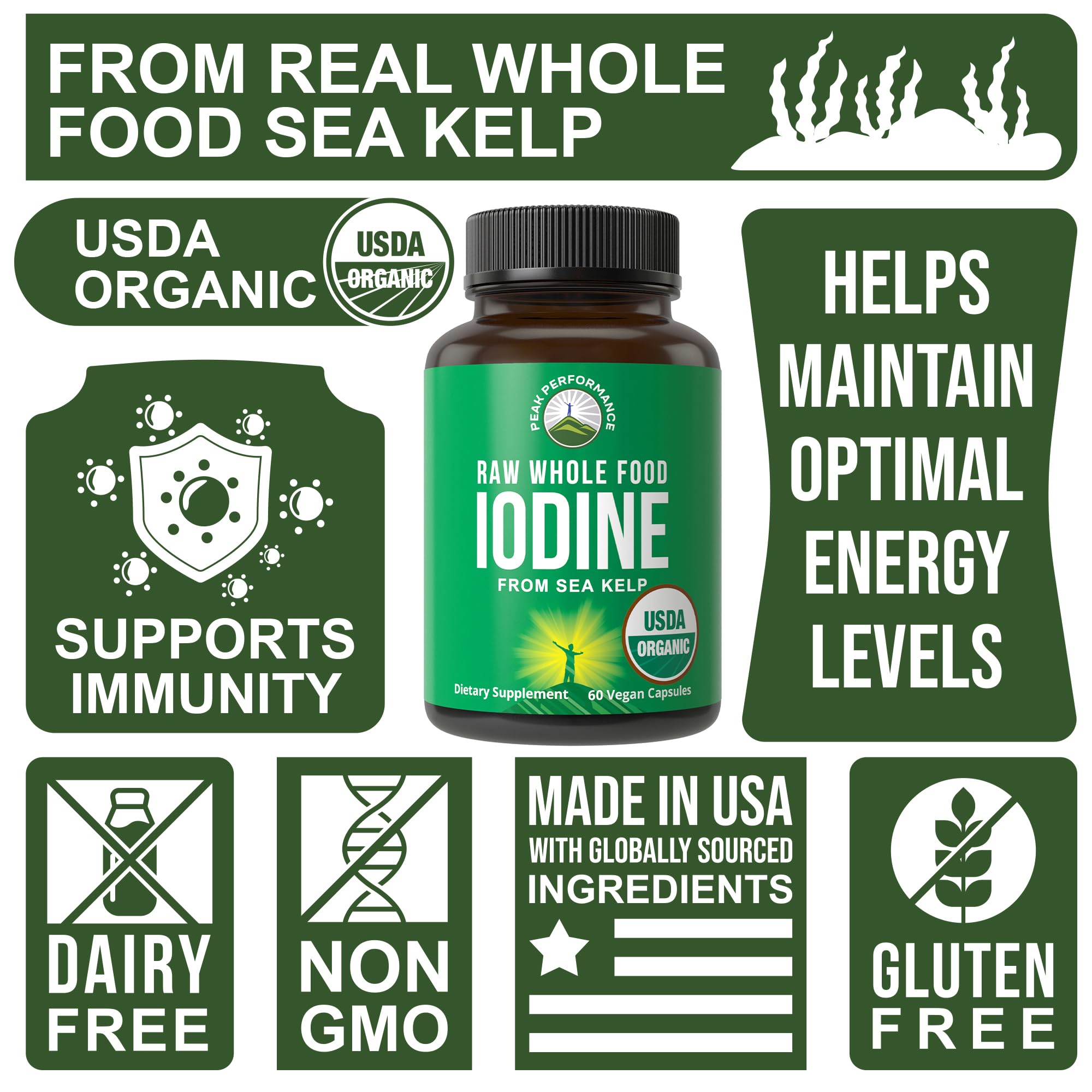 USDA Organic Raw Whole Food Iodine Supplement from Kelp (Ascophyllum Nodosum) - Potassium Iodide Tablets Alternative - for Thyroid, Energy, and Immune Support - 60 Vegan Capsules by Peak Performance