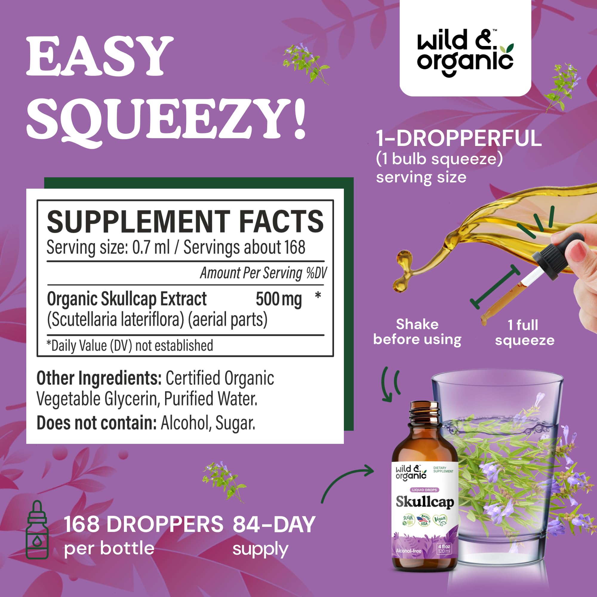 Wild & Organic Skullcap Herb Tincture - Skullcap Supplement for Mood Support - Relaxing Liquid Extract Drops - Vegan, Sugar & Alcohol-Free - 4 fl oz