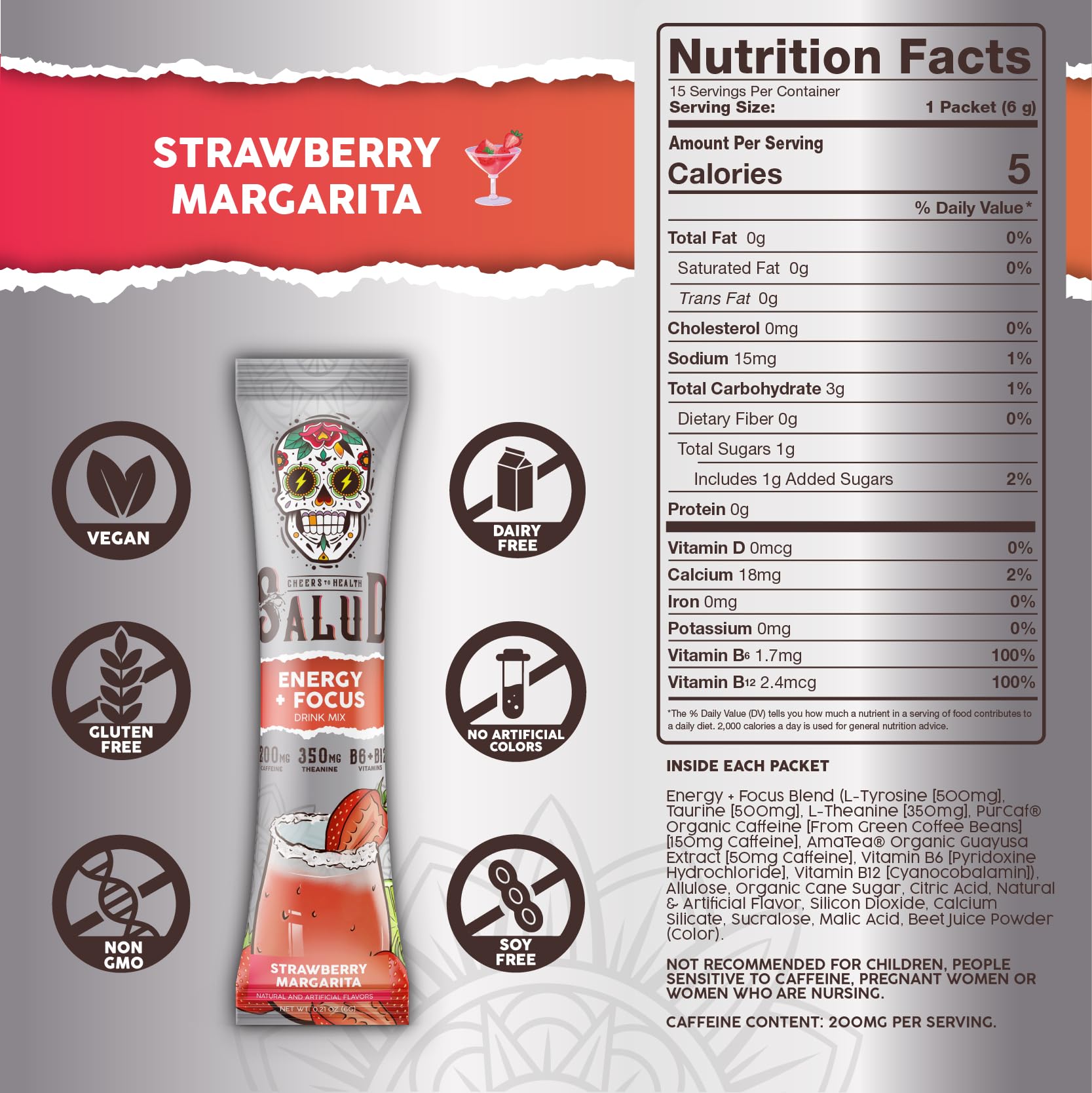 Salud 2-in-1 Energy + Focus Drink Mix, Hibiscus | Organic Caffeine, B6 + B12, Theanine, Clean Energy Packets, Agua Fresca Mix, Non-GMO, Gluten Free, 1g of Sugar (15 Servings)