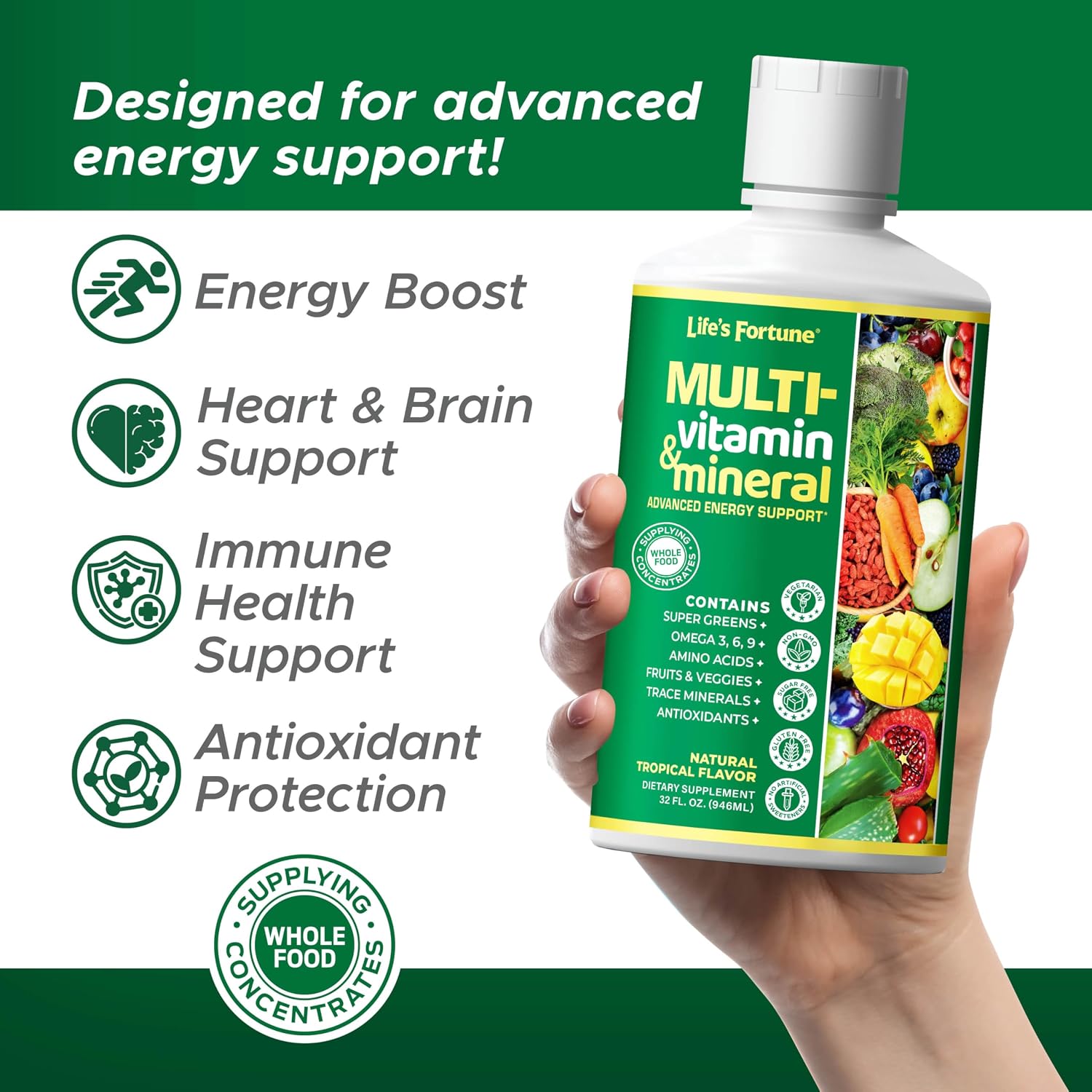 Life’s Fortune Liquid Multivitamin for Adults and Seniors – Fast Absorption Vitamins and Minerals with 90+ Nutrients for Energy and Immune Support – Easy to Digest, Sugar Free, Tropical Flavor, 32 oz