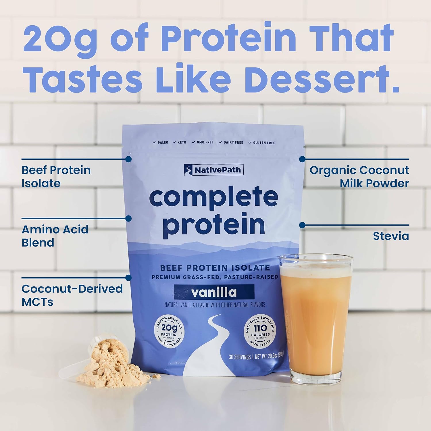 NativePath Complete Protein, 20g Grass-Fed Beef, Vanilla, 30 Servings | Dairy-Free, Whey-Free Isolate, Essential Aminos Plus MCTs, Lactose-Free & Easy To Digest, Keto, No Sugar