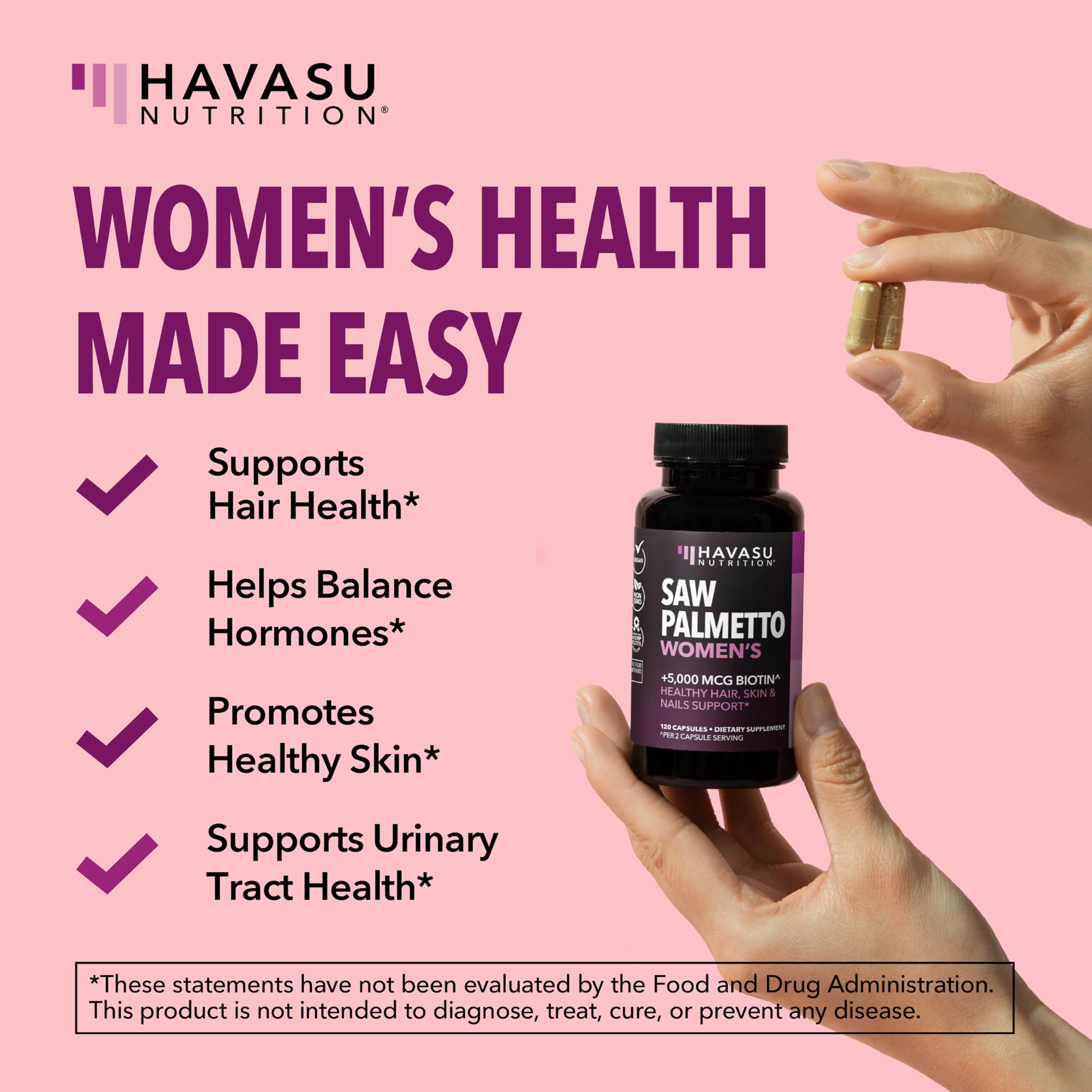 Saw Palmetto for Women with Bitoin 5000mcg Per Serving, 30-Day Supply | Vegan, Non-GMO DHT Blocker for Women for Hair, Skin and Nails, Saw Palmetto Extract with Biotin for Thicker Looking Hair