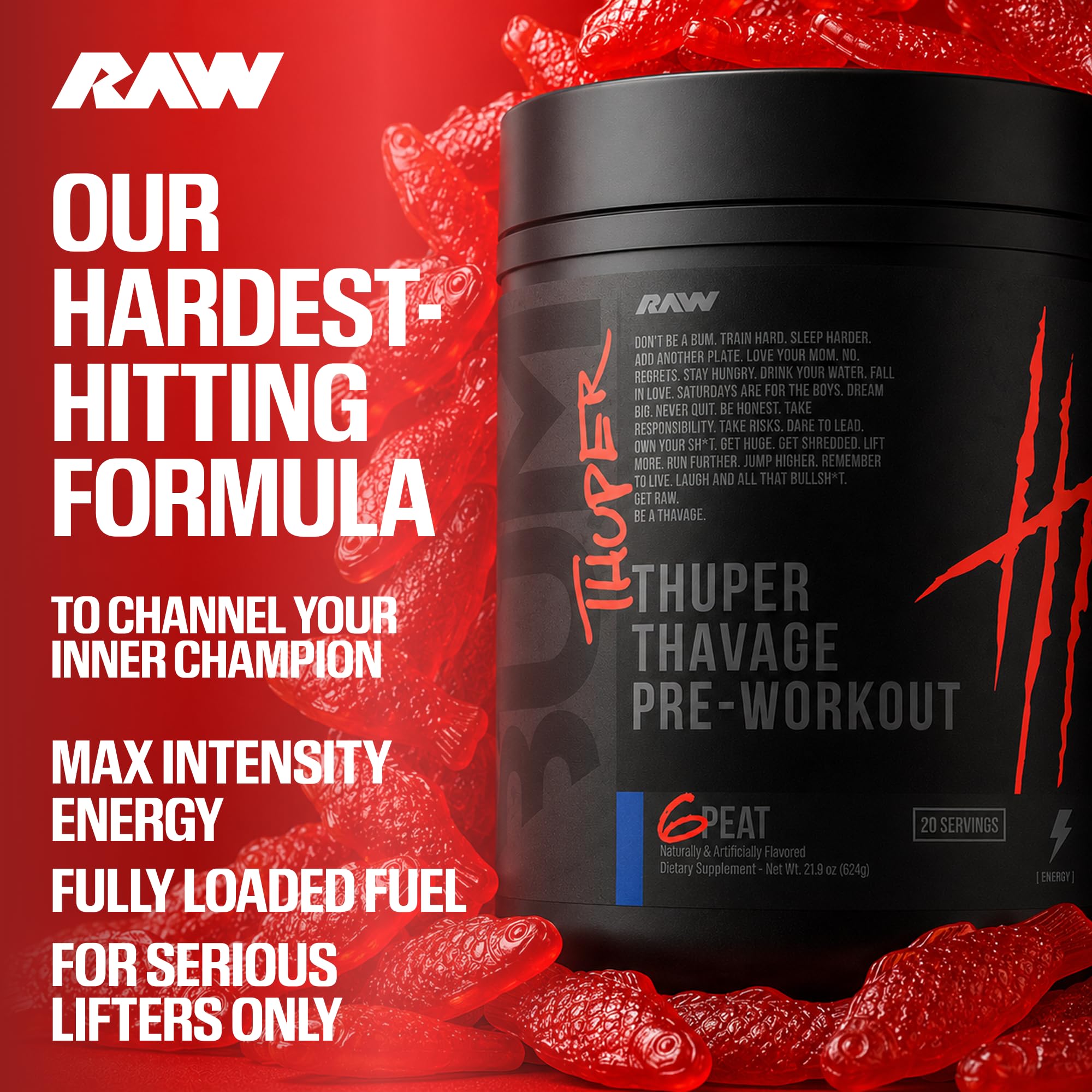 RAW Thuper Thavage Pre Workout Powder - High-Stim Preworkout with Creatine, Beta Alanine, L-Citrulline & Caffeine - Chris Bumstead Gym & Fitness Supplement for Men & Women - Watermelon Grape