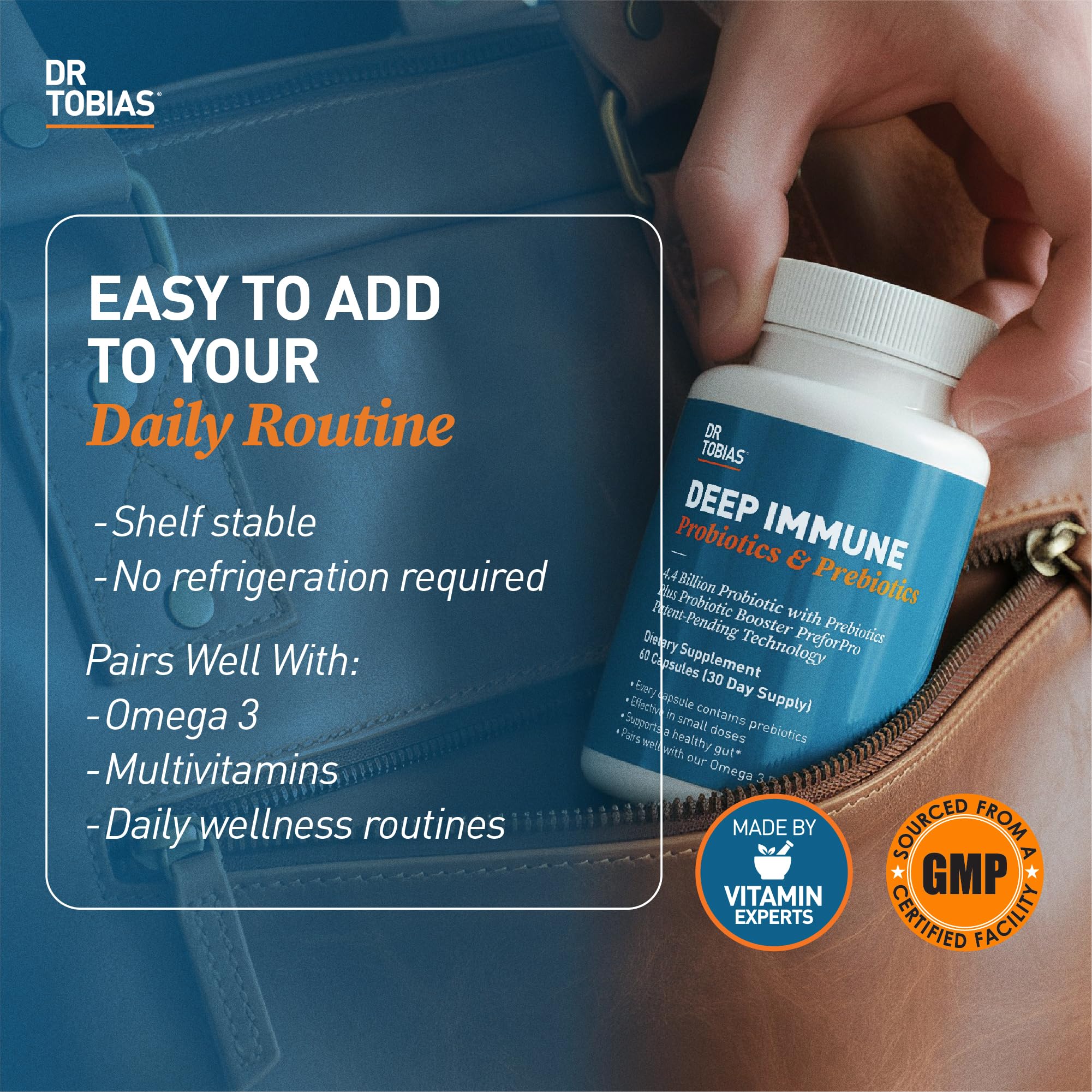Dr. Tobias Deep Immune Probiotic + Prebiotic 60 Capsules | Gut Health | Dual Action Gut & Immune Support | DE111 Spore Forming Probiotics + PreforPro | Targeted Release | Shelf Stable | 30 Servings
