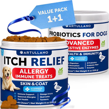Dog Allergy Relief + Probiotics for Dogs Bundle - Itch Relief for Dogs - Fish Oil - Omega 3 - Itchy Skin Relief - Seasonal Allergies - Anti Itch Support & Hot Spots - Dog Probiotics and Digestive Enzy