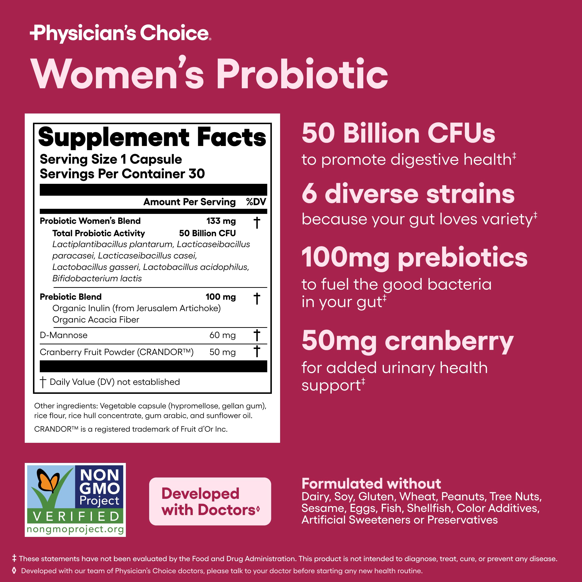 Physician's CHOICE Probiotics for Women - PH Balance, Digestive, UT, & Feminine Health - 50 Billion CFU - 6 Unique Strains for Her - Organic Prebiotics, Cranberry Extract+ - Women Probiotic - 30 CT Physician's CHOICE buy supplements Au