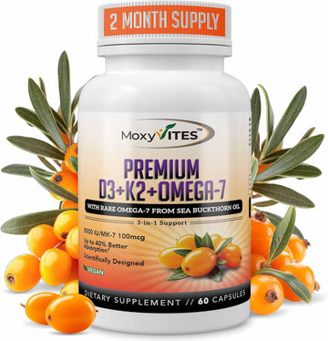 MoxyVites Vitamin D3 K2 5000 IU – High Absorption D3 + K2 MK-7 with Sea Buckthorn Oil & Omega-7 – Bone, Heart & Immune Support for Women & Men – 60 Vegan Capsules