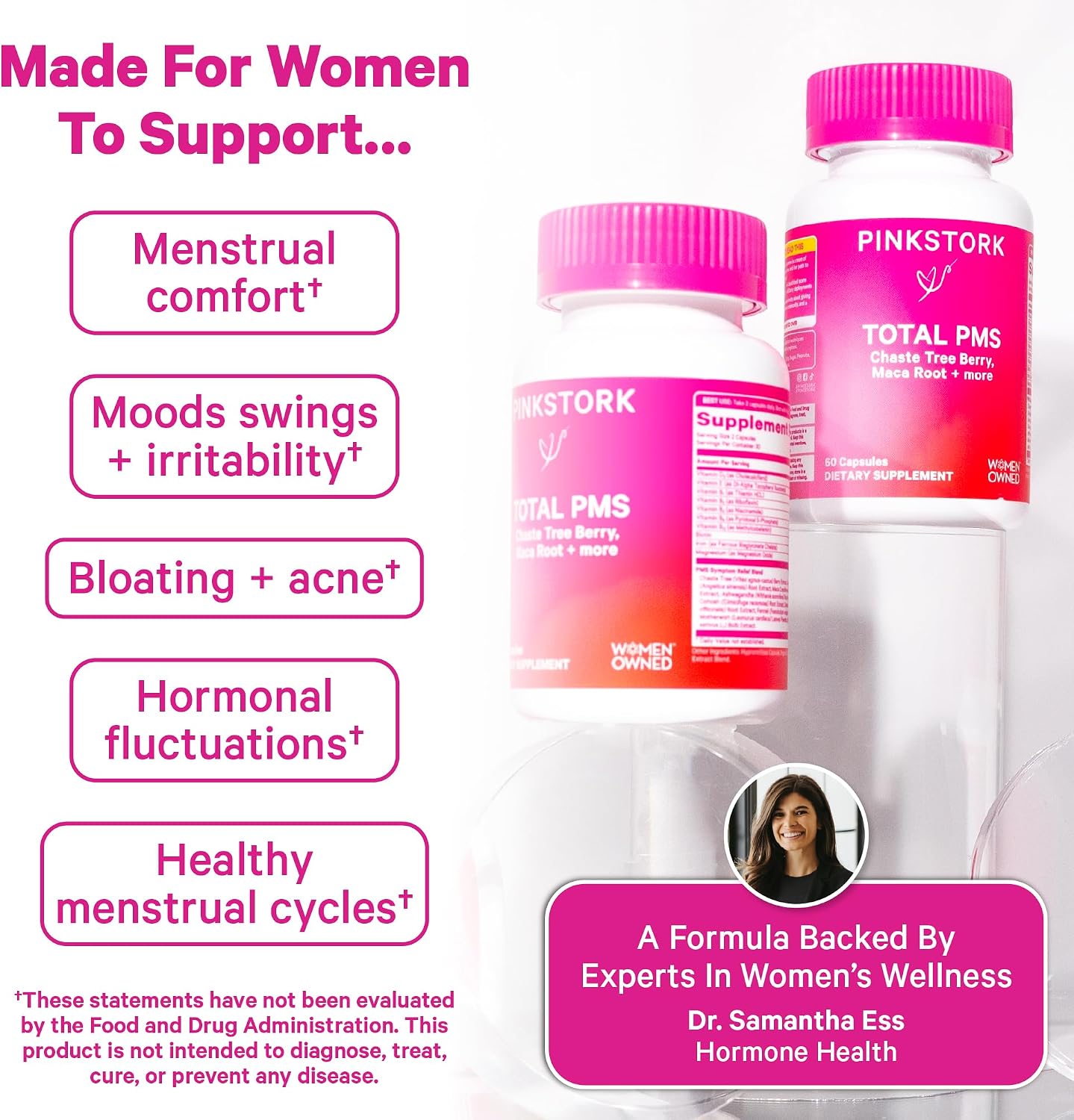 Pink Stork PMS Supplement for Women - Vitex, Ashwagandha, Maca Root & 10 Vitamins & Minerals to Support Hormone Balance, Mood, Bloating, Period Regularity - 60 Capsules