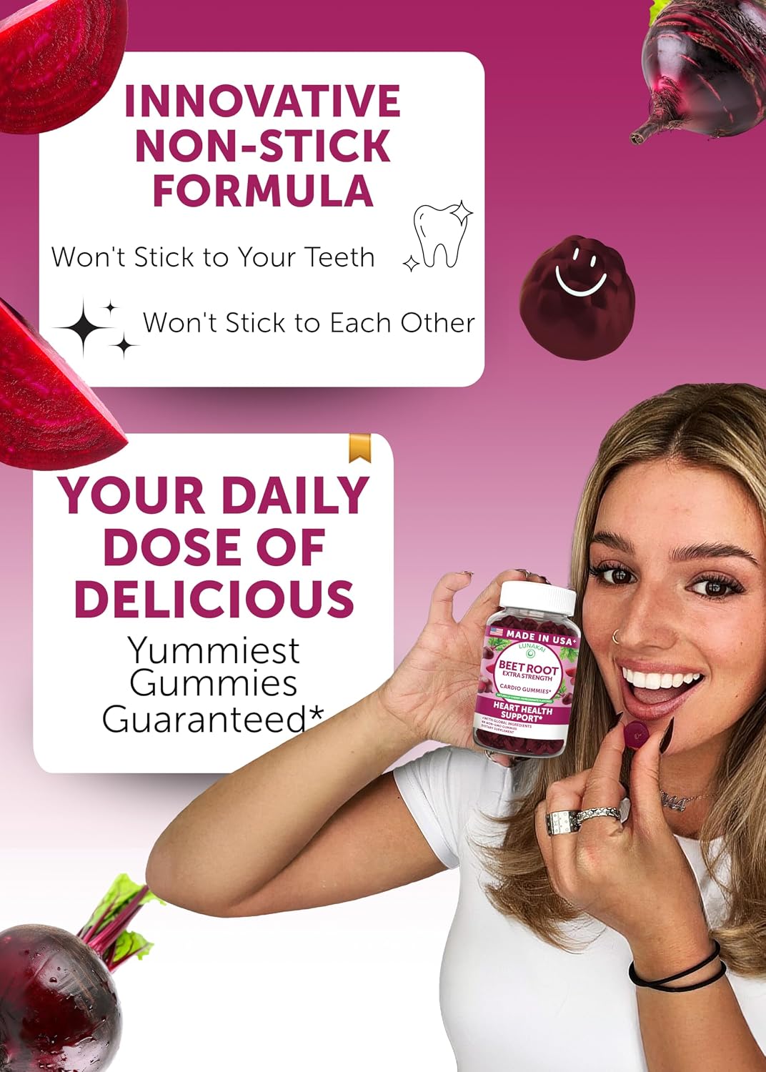 Lunakai USA Made Beet Root Gummies with 7-Antioxidant Blend - 4:1 Extract Non-GMO Vegan Beet Chews for Daily Natural Energy, Men & Women, 60ct
