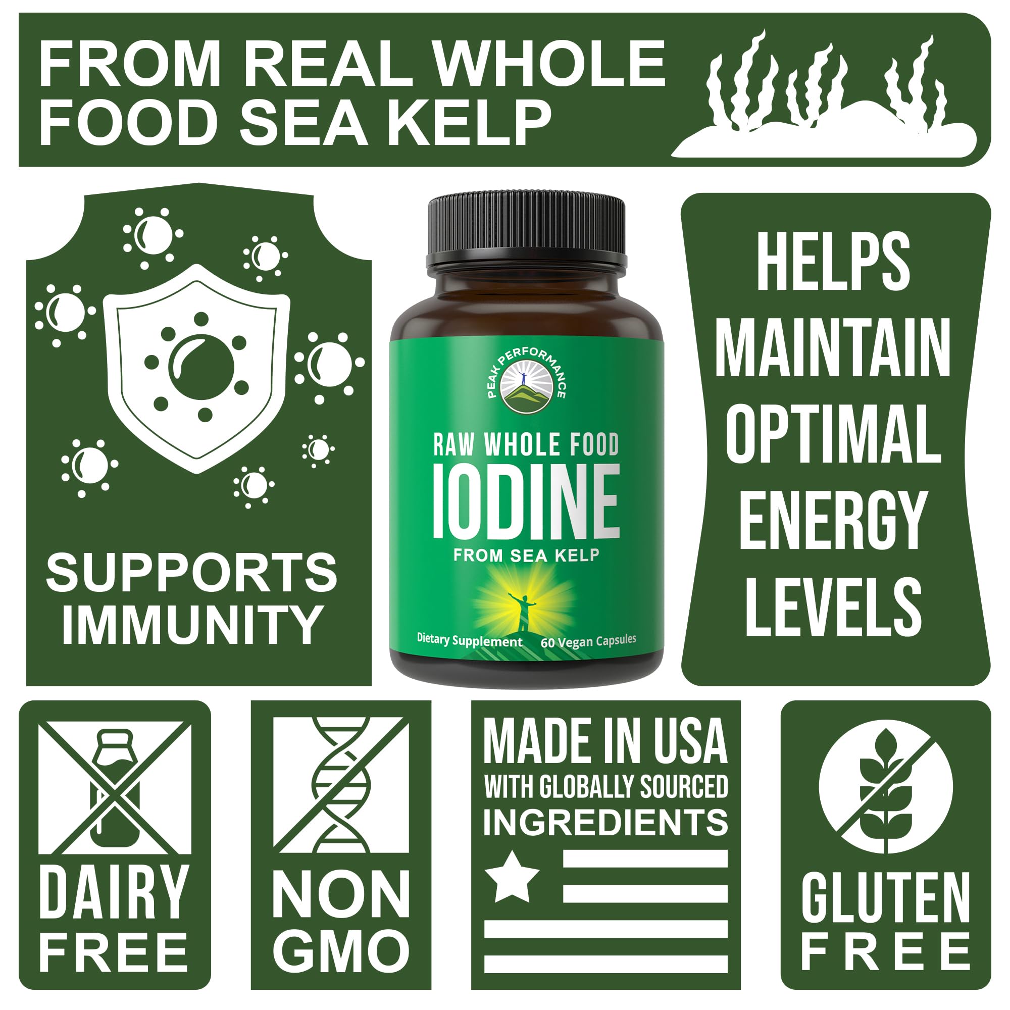 Raw Whole Food Iodine Supplement from Organic Kelp (Ascophyllum Nodosum) by Peak Performance. Potassium Iodide Support Tablets. for Metabolism, Energy, and Immune. 60 Vegan Capsules, Pills