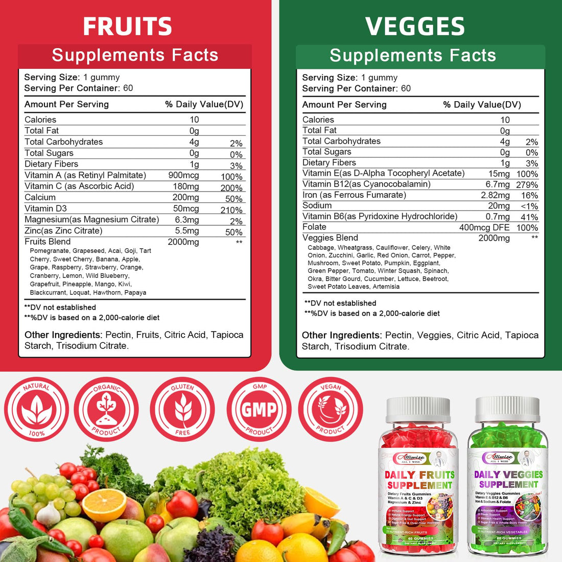 Sugar-Free Fruits & Veggies Gummies, Super Greens with 23 Fruits & 25 Veggies, Multivitamin Minerals & Fiber, Vegan Fruit & Vegetable Supplement for Adults, 120 Gummies, 2 Month Supply AlliwiseBuy Supplements Australia