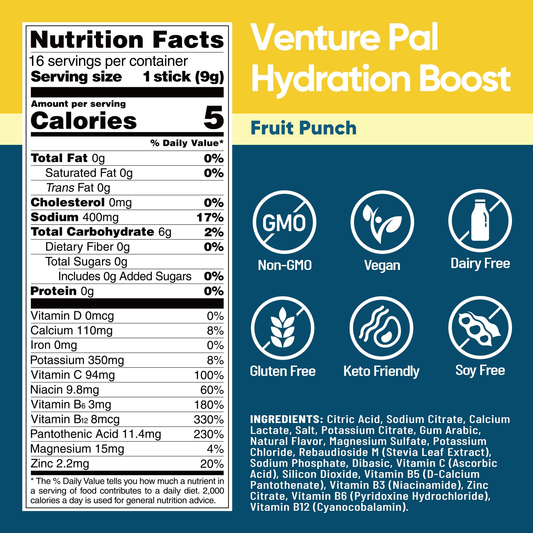 Venture Pal Sugar Free Electrolyte Powder Packets, Keto Friendly, 16 Sticks | Liquid Daily IV Hydration Packets for Rapid Rehydration. 7 Electrolytes & 5 Vitamins | Non-GMO | Vegan | Fast Dissolve