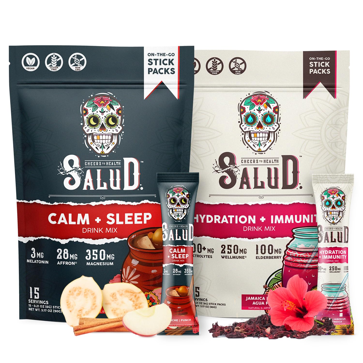 Salud 2-Pack | 2-in-1 Calm + Sleep (Punch) & Hydration + Immunity (Hibiscus) 15 Servings Each, Drink Mix, Dairy & Soy Free, Non-GMO, Gluten Free, Vegan, Low Calorie, 1g of Sugar