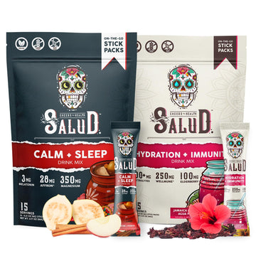 Salud 2-Pack | 2-in-1 Calm + Sleep (Punch) & Hydration + Immunity (Hibiscus) 15 Servings Each, Drink Mix, Dairy & Soy Free, Non-GMO, Gluten Free, Vegan, Low Calorie, 1g of Sugar