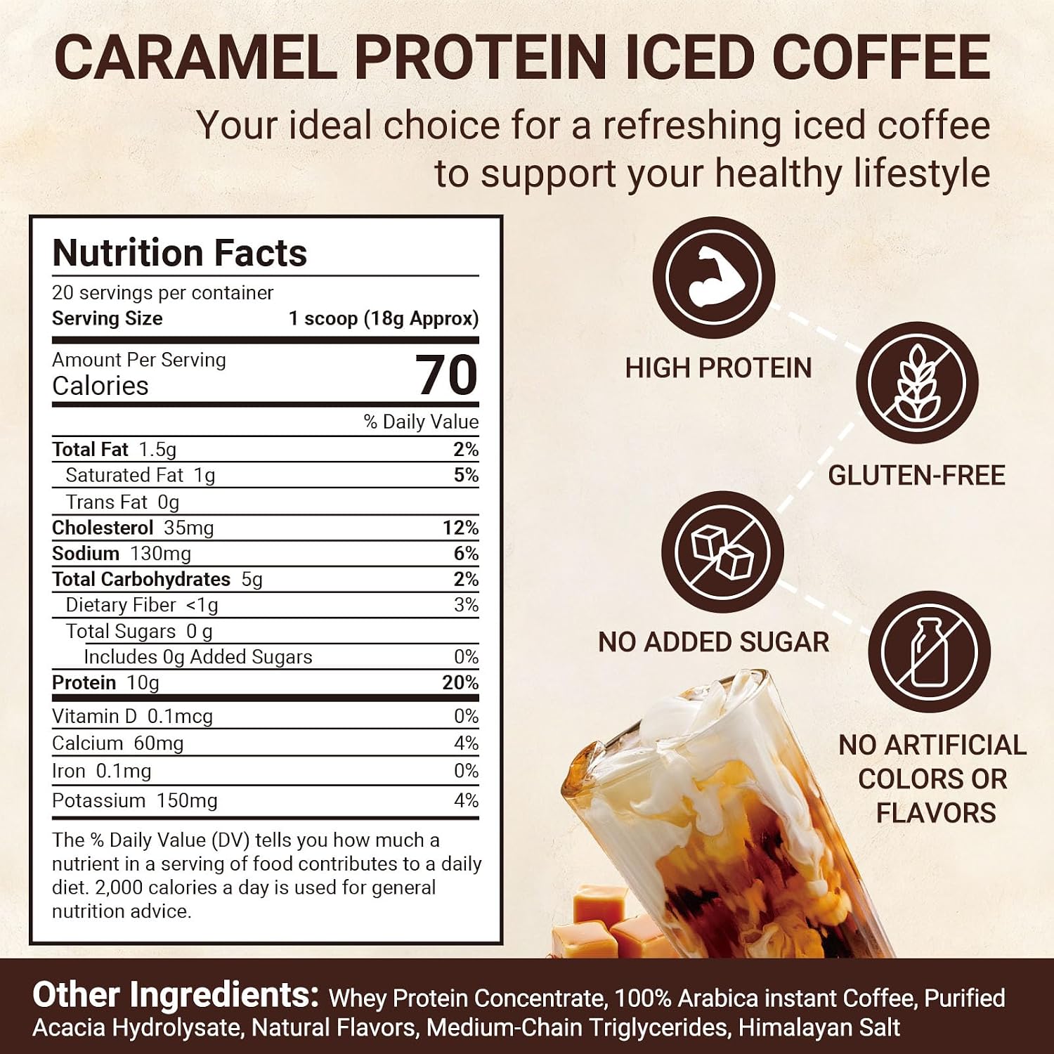 Caramel Protein Coffee Powder - Instant Iced Coffee, Sugar Free, Keto Friendly, 10 g Protein, 80 mg Caffeine Per Serving - 20 Servings