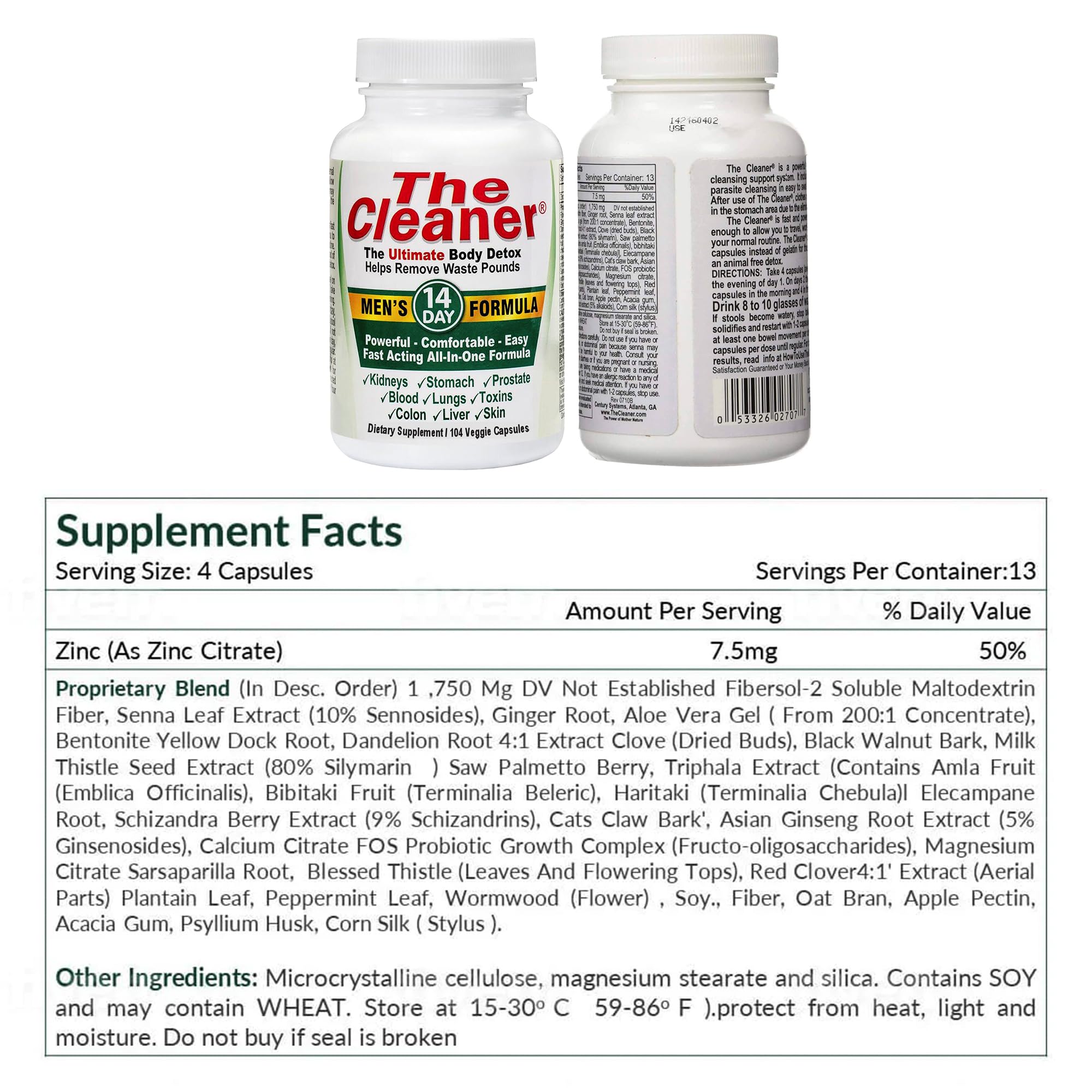 Century Systems The Cleaner Detox, Powerful 7-Day Complete Internal Cleansing Formula for Men, Support Digestive Health, 52 Vegetarian Capsules