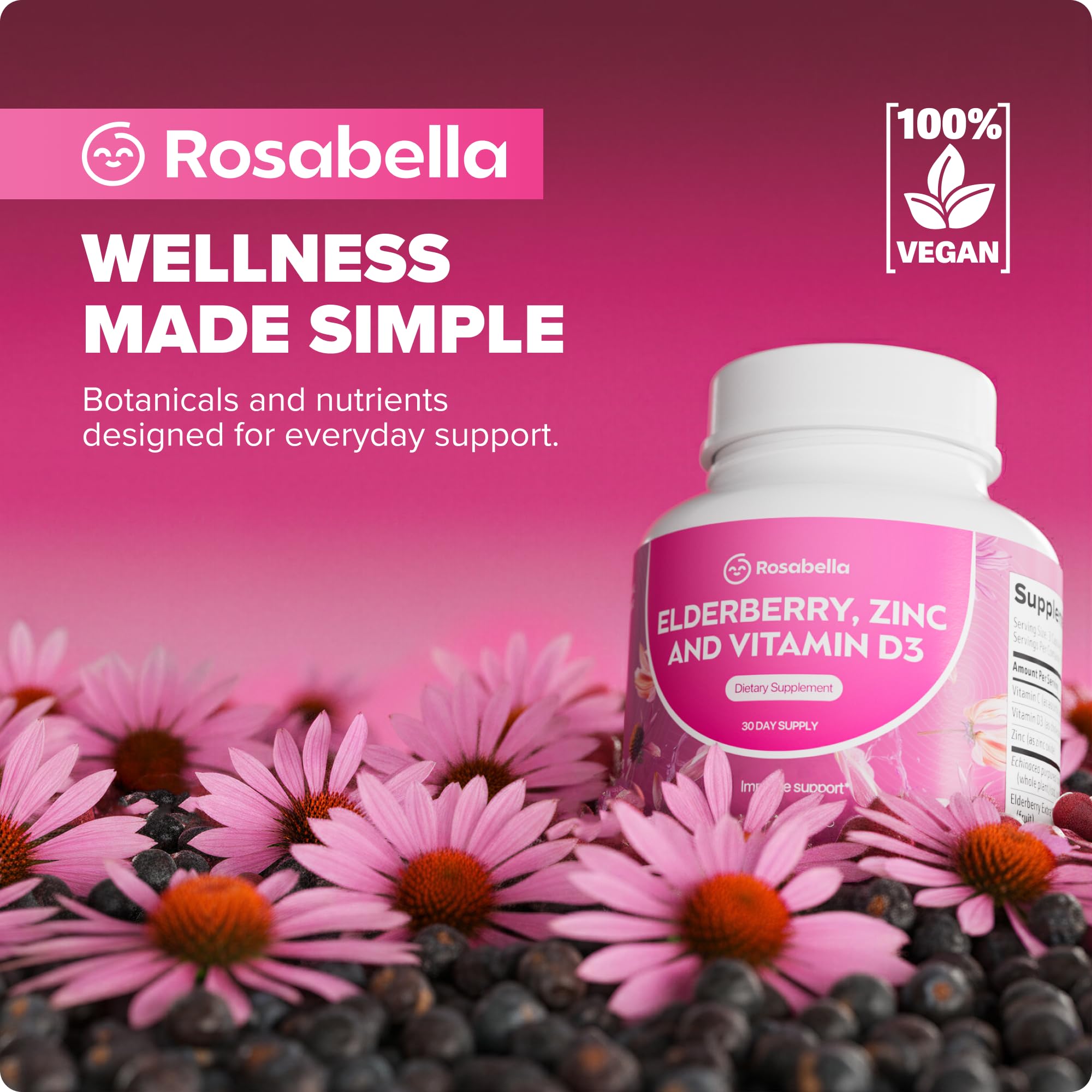Rosabella Elderberry, Zinc & Vitamin D3 Capsules – Elderberry Supplement with Echinacea, Vitamin C & Zinc, Immune Support Supplement for Daily Wellness, Vegan Capsules – 90 Count (Pack of 1)
