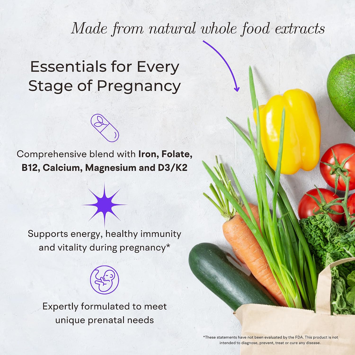 Whole Food Prenatal Vitamins (120 Capsules) Natural Support for Maternal and Fetal Health, Prenatal Multivitamin for Women with Choline, B Vitamins and More, Vegan, No Soy, Gluten or Dairy