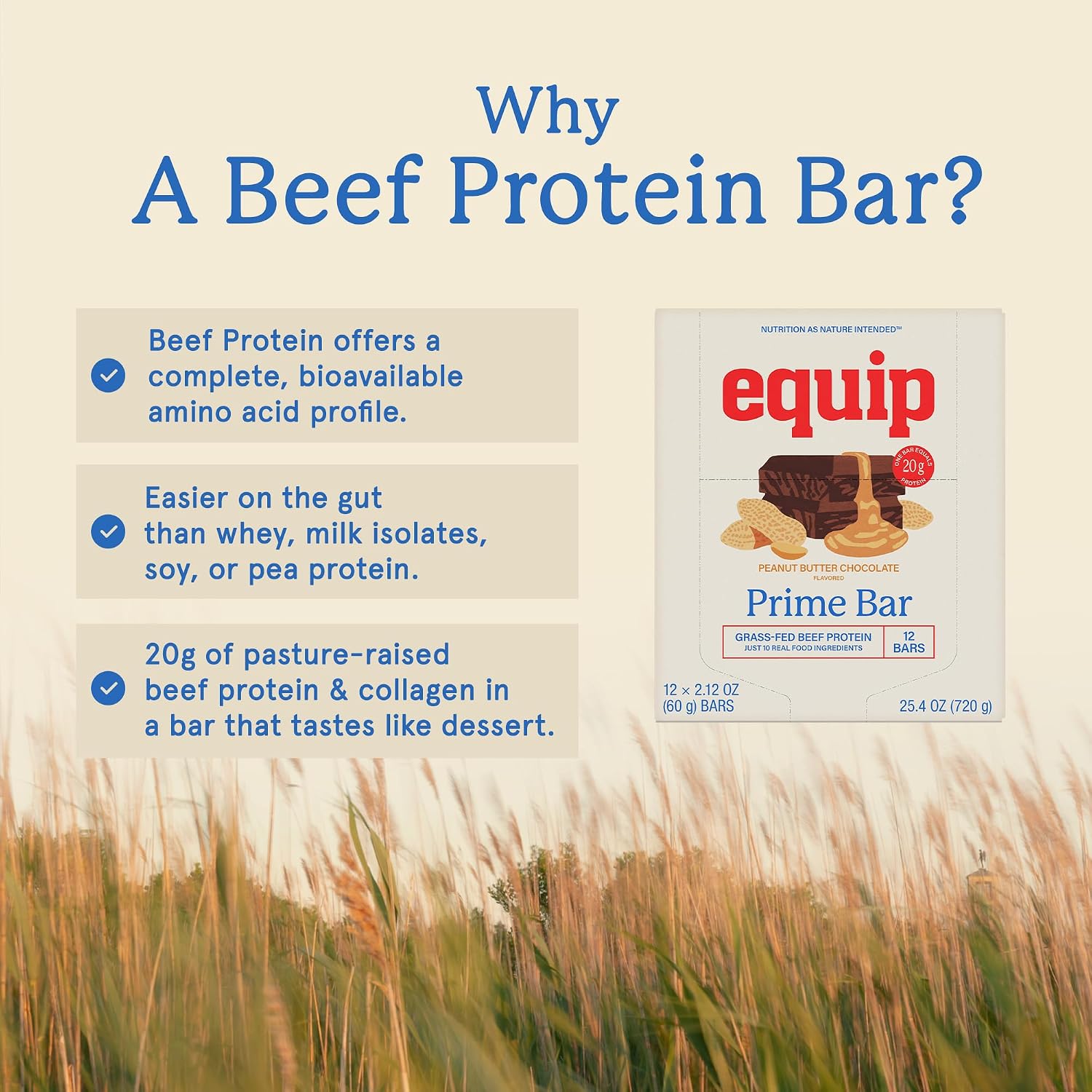 Equip Foods High Protein Prime Bars – Grass Fed Beef Protein, Collagen & Tallow – Gut Friendly, Gluten Free 20g Protein Bars - Only Real-Food Ingredients - Peanut Butter Chocolate, 12 Count