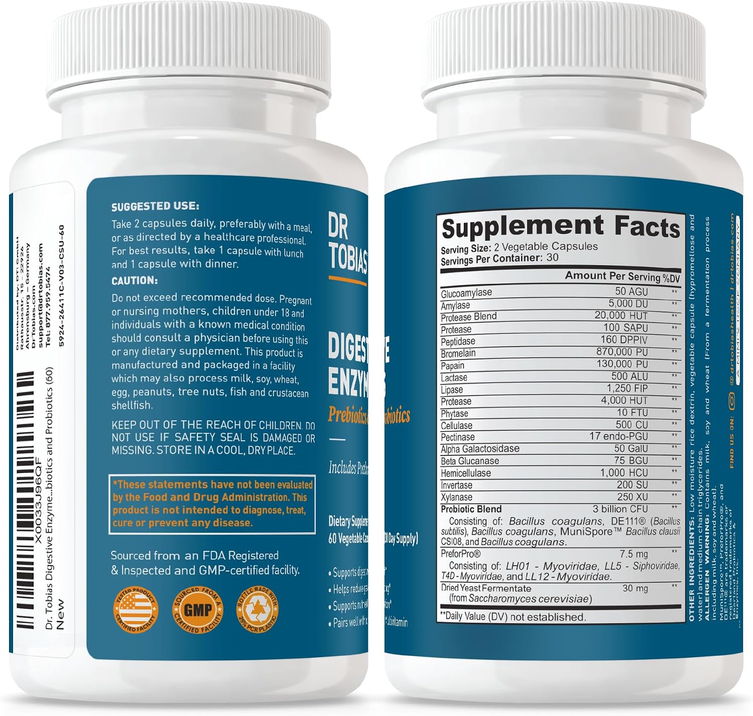 Dr. Tobias Digestive Enzymes + Prebiotics & Probiotics 60 Capsules | Digestion & Gut Support | Enzymes + Prebiotics + Probiotics + Postbiotics | Bromelain, Amylase & Lipase | 30 Servings