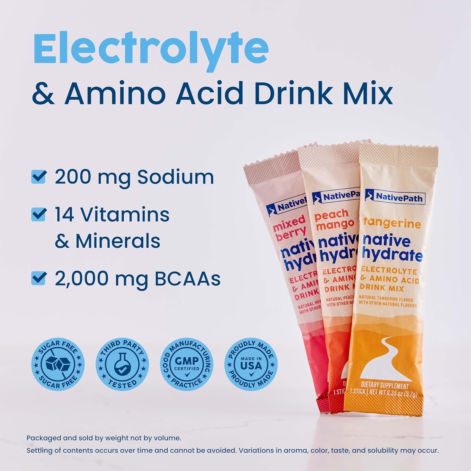 NativePath Hydrate Electrolyte Stick Packs Variety Pack, 30 Count | Mixed Berry, Peach Mango & Tangerine Sticks, 14 Vitamins, 9 Aminos & 2000mg BCAAs, Zero Sugar, Keto