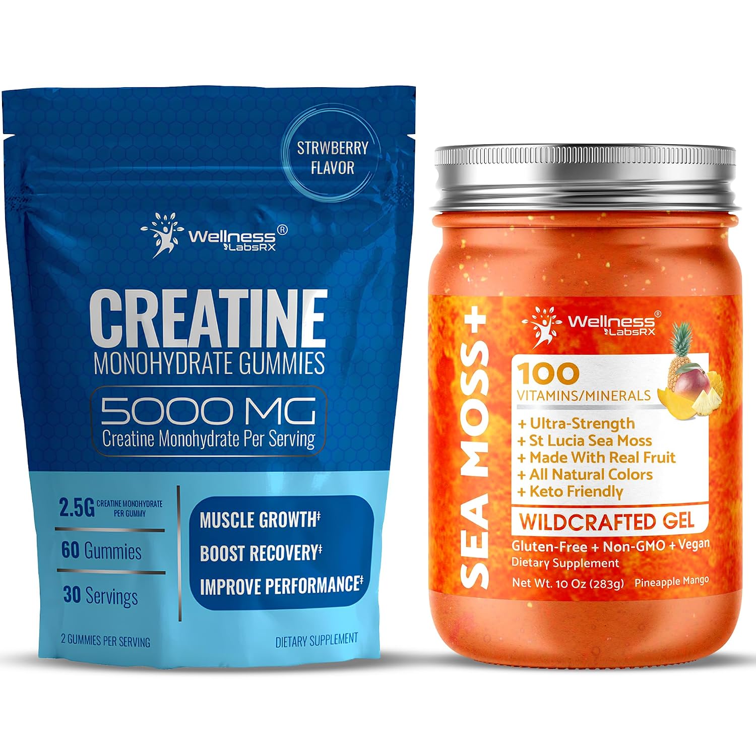 WELLNESS LABSRX Irish Sea Moss Gel Pineapple Mango Flavor - Creatine Gummies 5000mg | Bundle