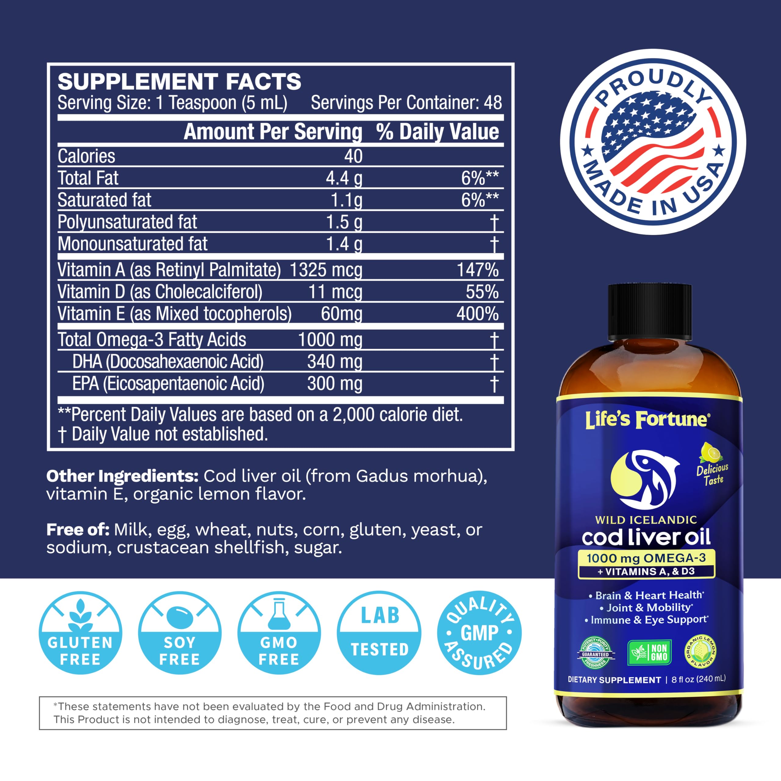 Life's Fortune Cod Liver Oil Liquid Lemon Flavor Organic Supplement with DHA, EPA 1000 mg High Potency Omega-3s + Vitamin A, E & D3 - Supports Immune, Joints, Eyes, 16 Fl Oz (Pack of 1)