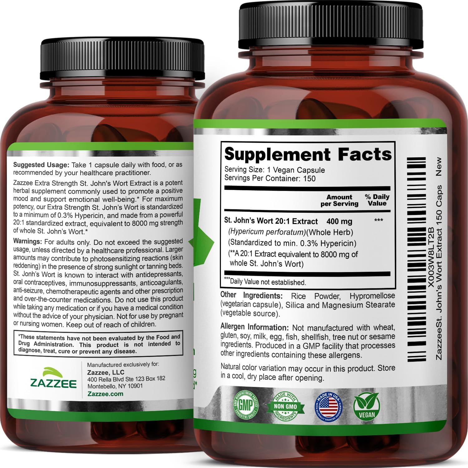 Zazzee Extra Strength St. John’s Wort 20:1 Extract, 0.3% Hypericin, 150 Vegan Capsules, 5 Month Supply, Hypericum Perforatum, Mood & Emotional Wellness Support, Herbal Supplement, Non-GMO, Made in USA