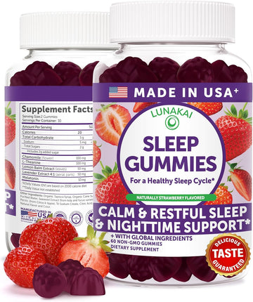 Lunakai Sleep Gummies for Adults with Melatonin 10mg & L-Theanine, 60 ct | USA Made, Non-Habit Forming, 5-in-1 Daily Sleep Aid Formula with Chamomile, Lemon Balm & Lavender, Melatonin Gummies, Non-GMO