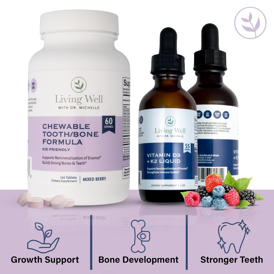 Two supplement bottles from Living Well with Dr. Michelle on a white background