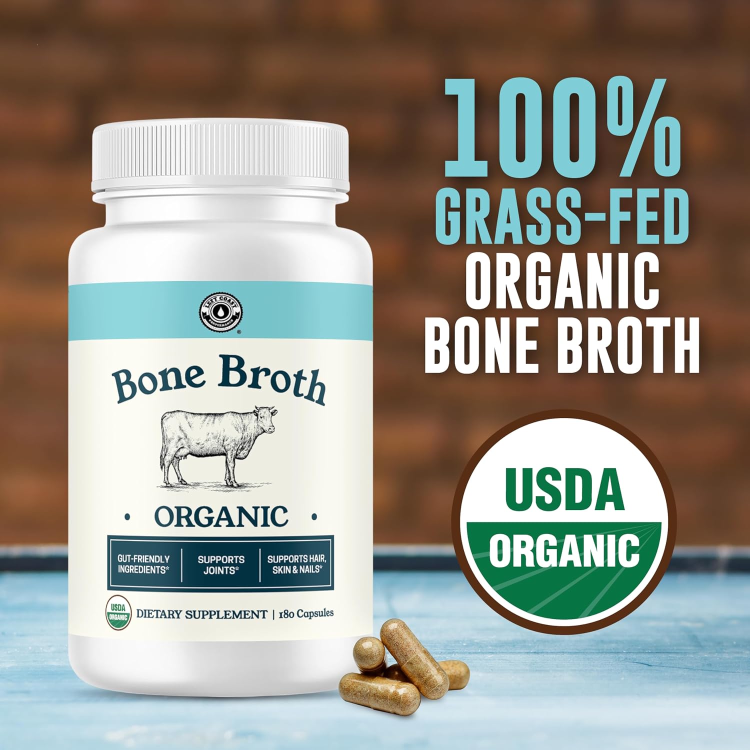 Grass-Fed Bone Broth Capsules with Collagen from Organic Bone Broth Powder. Collagen Supplement for Nails, Hair, Joints and Digestive Health* Support. Gut Friendly-Ingredients, 180 Capsules