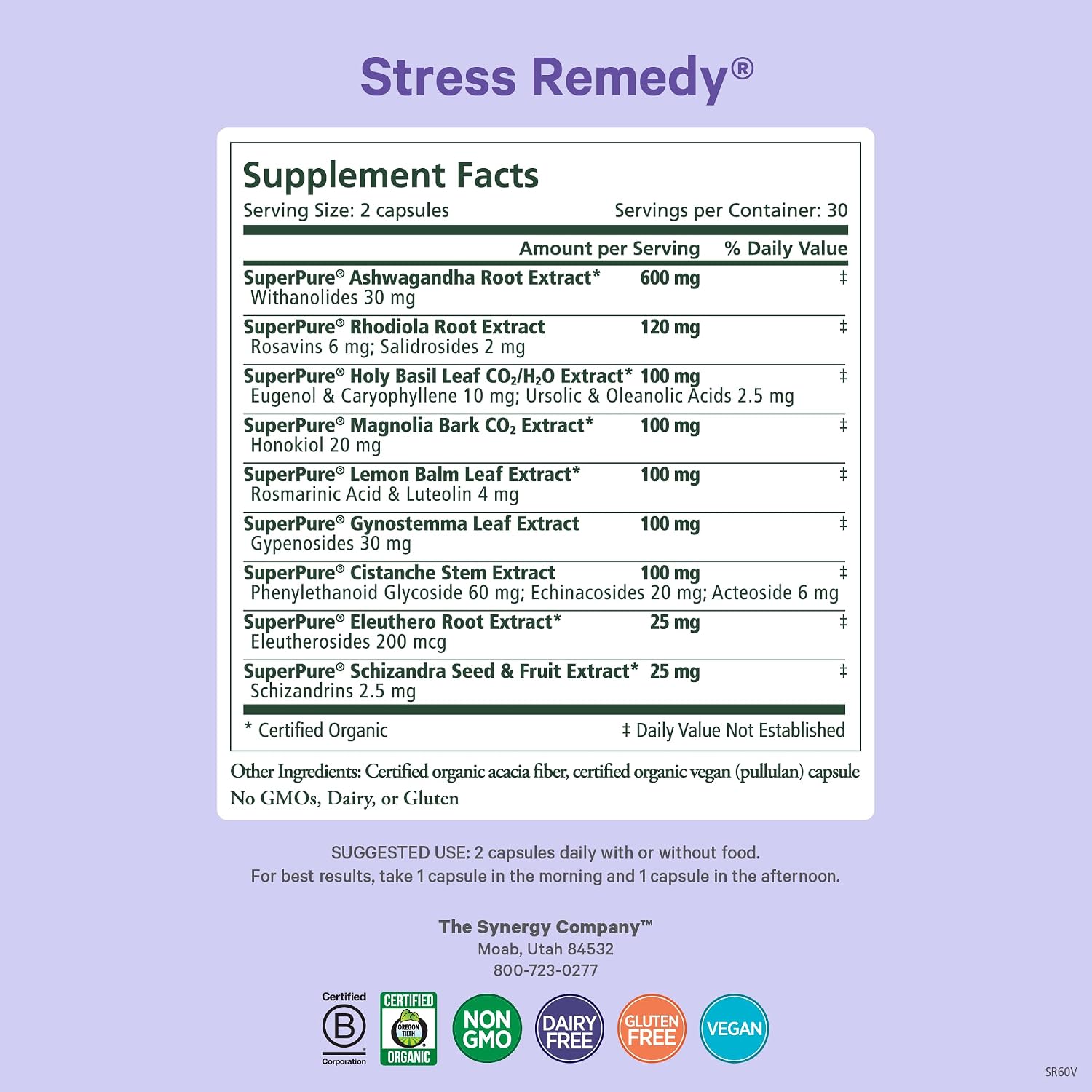PURE SYNERGY Stress Remedy | Soothing Supplement with Ashwagandha | Organic Adaptogen Support from Lemon Balm and Holy Basil | for Stress Relief, Adrenal Health, and Mood (60 Capsules)