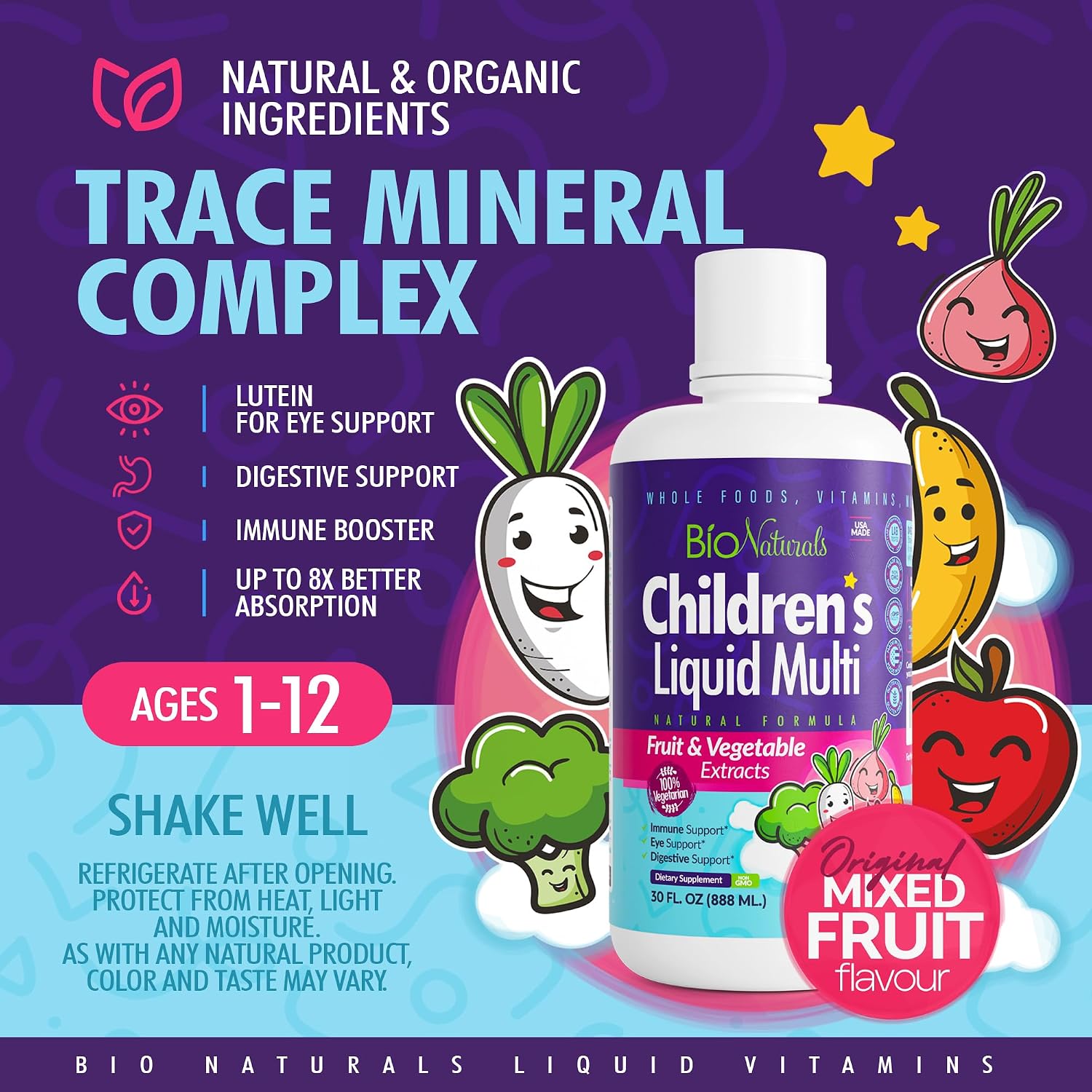 Children's Liquid Multivitamin & Immune Booster - Natural Supplement for Kids & Toddlers with Vitamins A B C D3 E, Fiber, Fruits & Vegetables - No Gluten, Sugar, Dairy, Soy - 30 oz