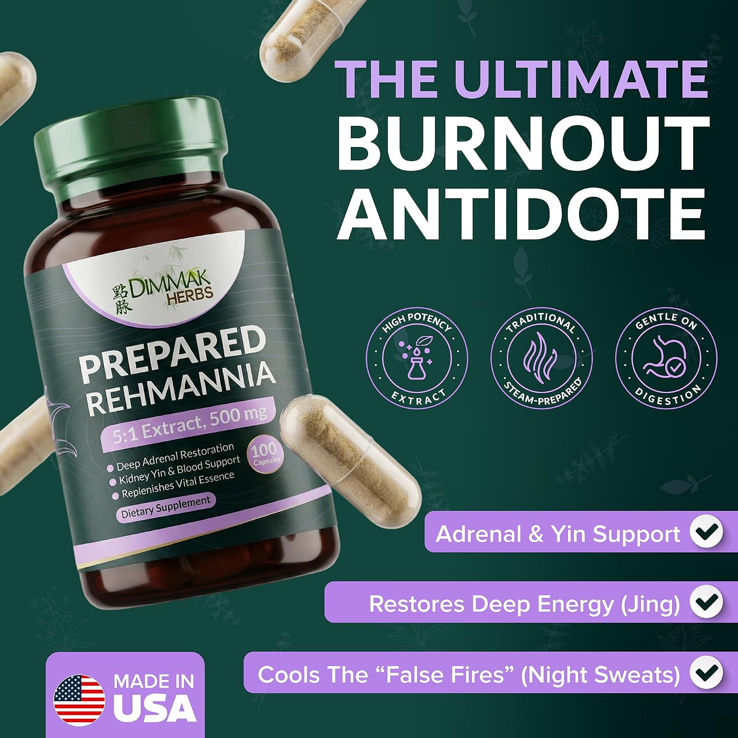 Prepared Rehmannia Root Capsules (Shu Di Huang)- 5:1 Organic Extract- High Potency Adrenal & Kidney Yin Tonic- Supports Menopause, Sleep & Vitality- Non-GMO Vegan, 500mg