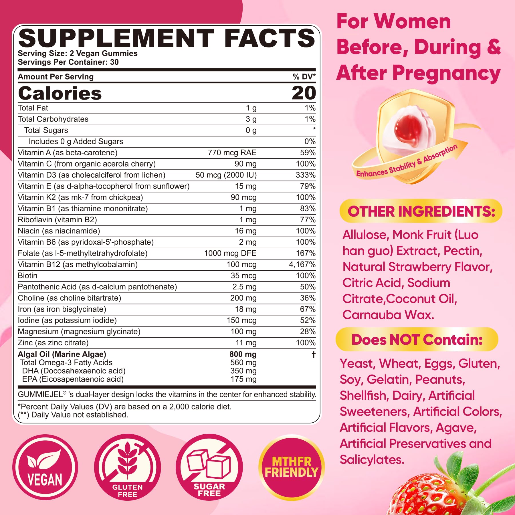 Prenatal Vitamins for Women Gummies, Methylfolate 1mg, Vegan Omega 3 DHA 800mg, Iron, Choline, Iodine, Vitamin D3 B6 B12 - Multivitamin for Women Before, During & After Pregnancy, Sugar Free, 60 Count