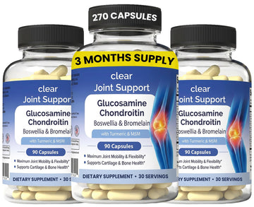 Clear Joint Support - 3-Month Supply | 3-Pack (270 Capsules) | Glucosamine Chondroitin MSM, Turmeric & Boswellia | Supports Knee, Hip & Back Health | Made in USA Clear ProbioticsBuy Supplements Australia