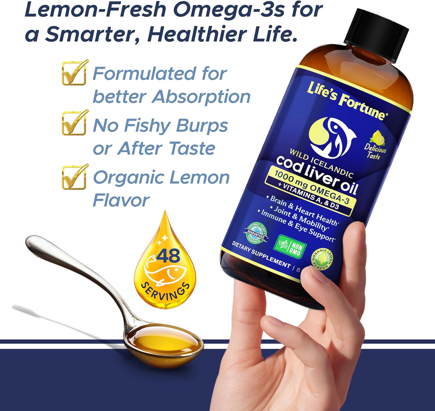Life's Fortune Cod Liver Oil Liquid Lemon Flavor Organic Supplement with DHA, EPA 1000 mg High Potency Omega-3s + Vitamin A, E & D3 - Supports Immune, Joints, Eyes, 16 Fl Oz (Pack of 1)