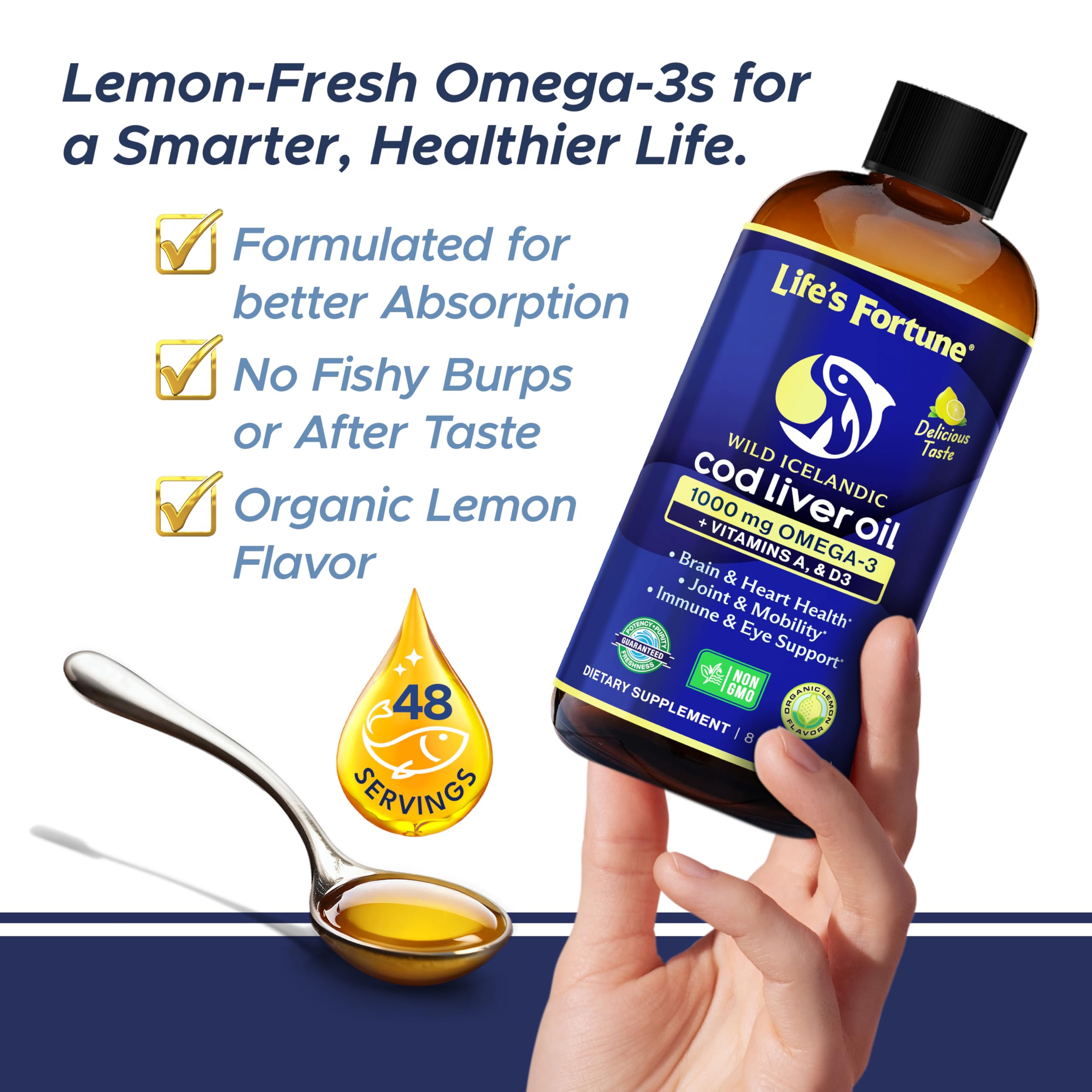 Life's Fortune Cod Liver Oil Liquid Lemon Flavor Organic Supplement with DHA, EPA 1000 mg High Potency Omega-3s + Vitamin A, E & D3 - Supports Immune, Joints, Eyes, 16 Fl Oz (Pack of 1)