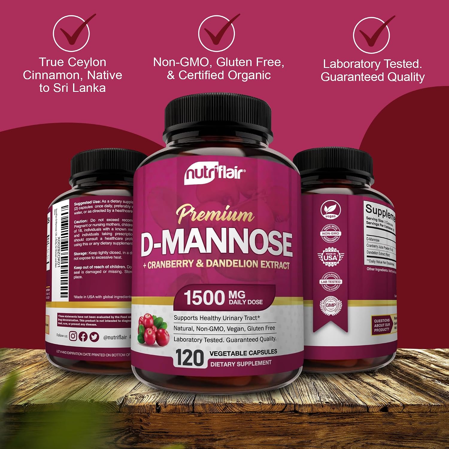 NutriFlair D-Mannose 120 Capsules, 1500mg - with Cranberry and Dandelion Extract - Natural Urinary Tract Health UTI Support - Best D Mannose Powder - Flush Impurities, Detox Body, for Women and Men