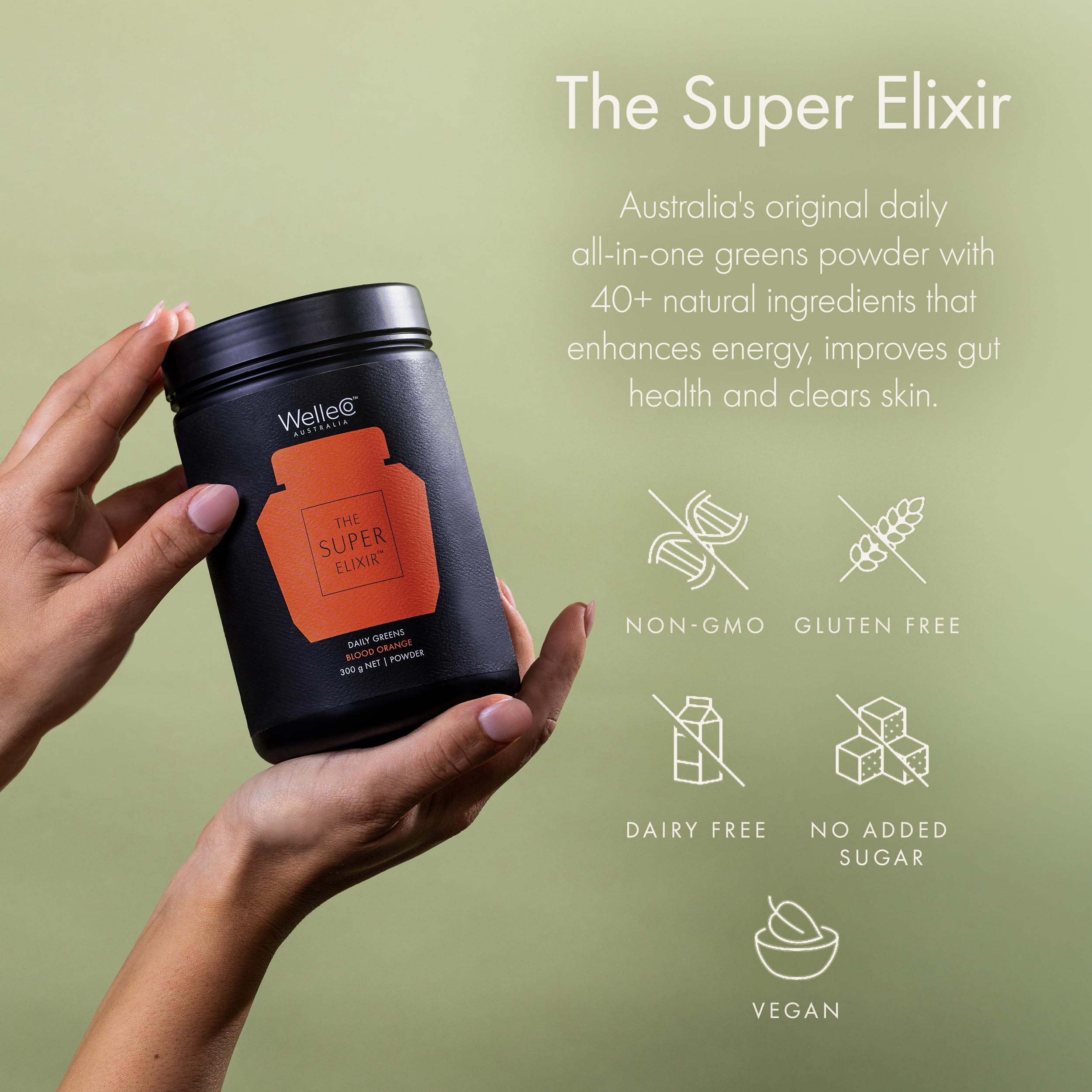 WelleCo The Super Elixir Daily Greens Powder, Probiotic Drink Mix with Whole Foods, Gluten Free, Vegan Gut Health Powder, Energy, Immunity, Healthy Skin, Hair & Nails (Jar, Blood Orange) WelleCo buy supplements Au