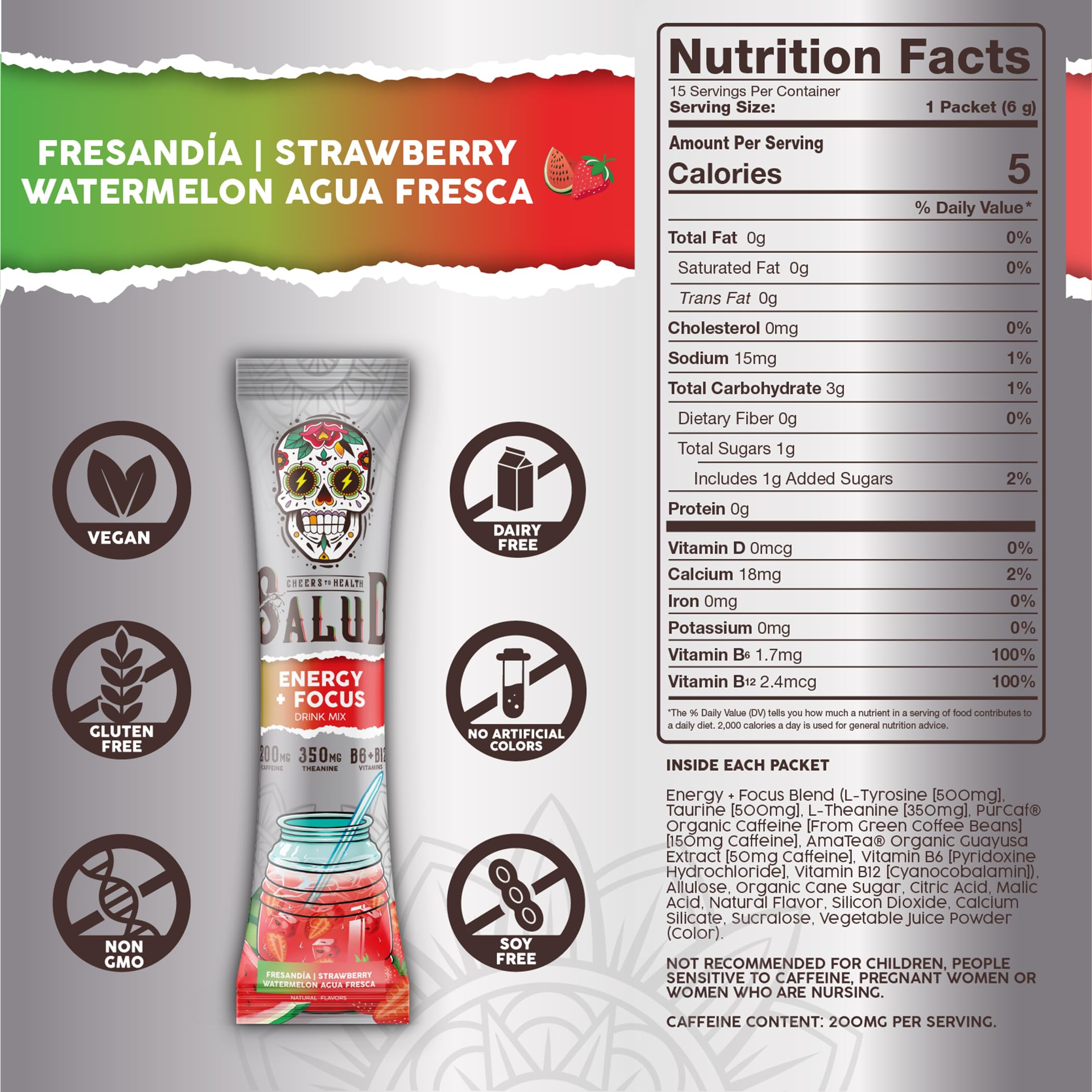Salud 2-in-1 Energy + Focus Drink Mix, Hibiscus | Organic Caffeine, B6 + B12, Theanine, Clean Energy Packets, Agua Fresca Mix, Non-GMO, Gluten Free, 1g of Sugar (15 Servings)